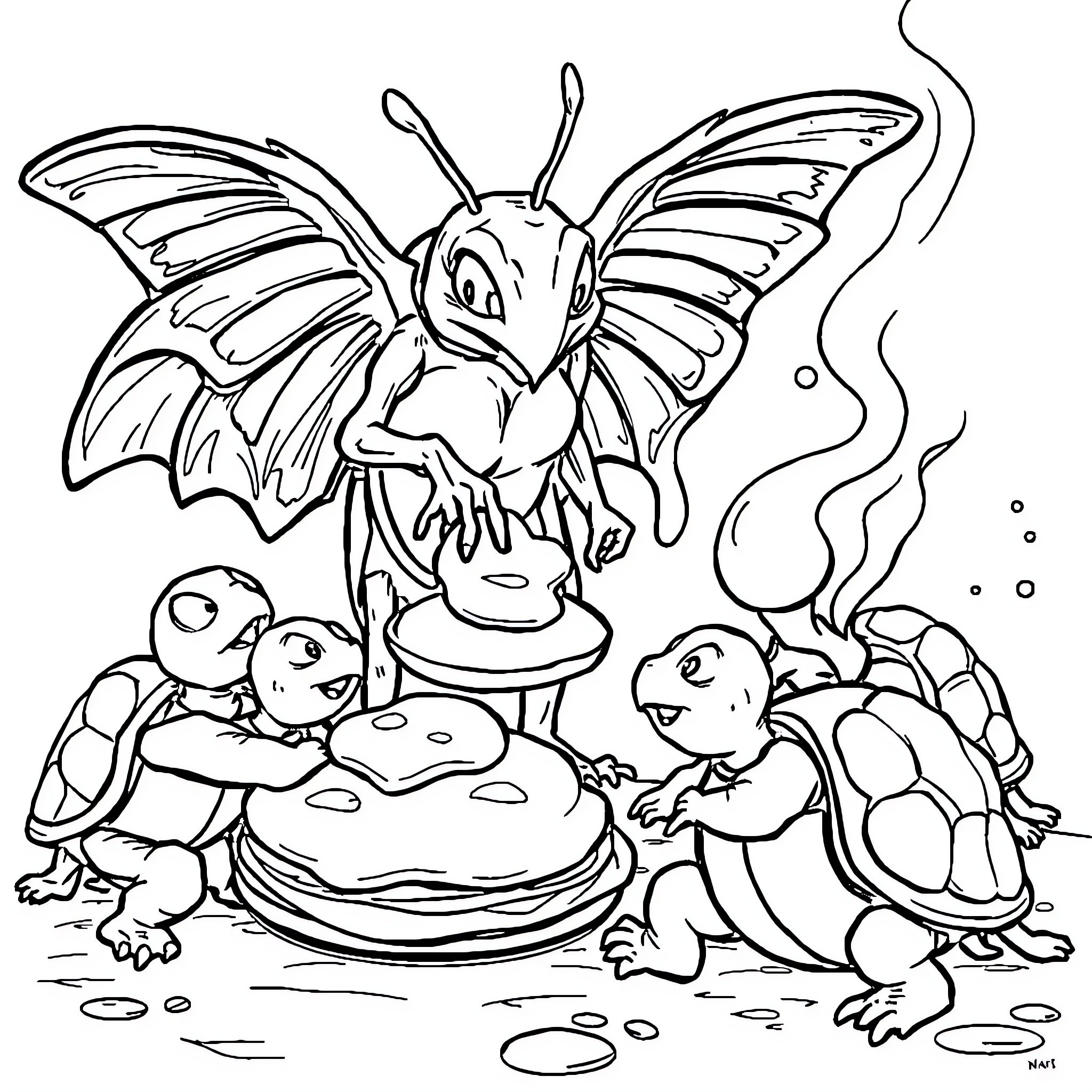Mothman observing creatures cooking over campfire Coloring Page (free black-and-white line drawing printable PDF for all, from beginners to advanced learners, including children, teens, adults, and seniors)