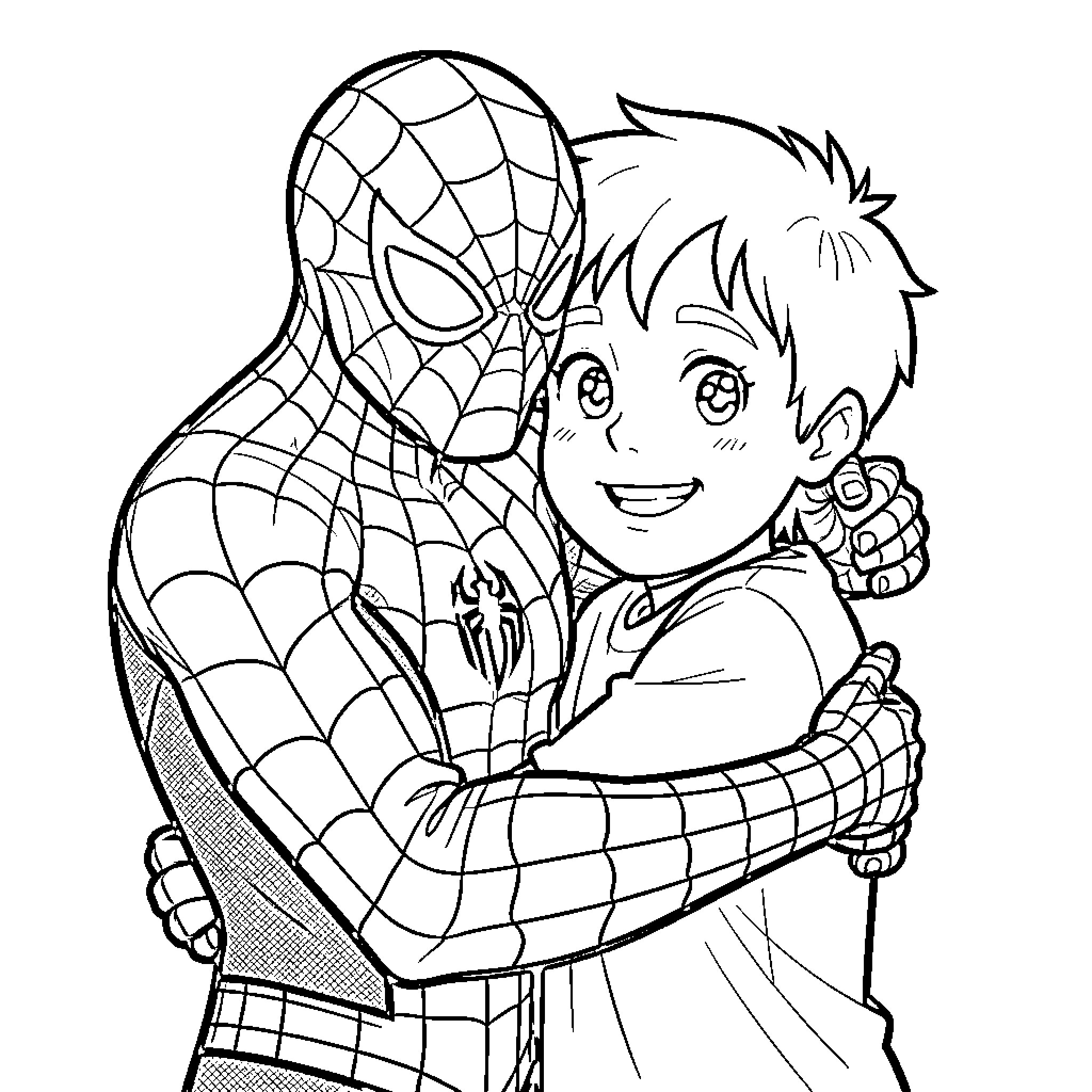 Spider-Man giving a warm hug to a young boy Coloring Page (free black-and-white line drawing printable PDF for all, from beginners to advanced learners, including children, teens, adults, and seniors)