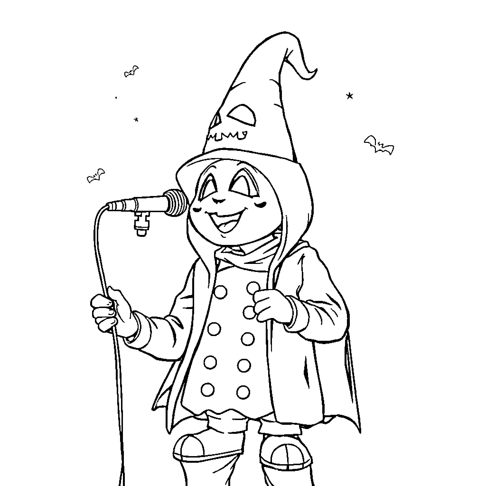 Tralalero Character Performing on Stage with Microphone Coloring Page (free black-and-white line drawing printable PDF for all, from beginners to advanced learners, including children, teens, adults, and seniors)