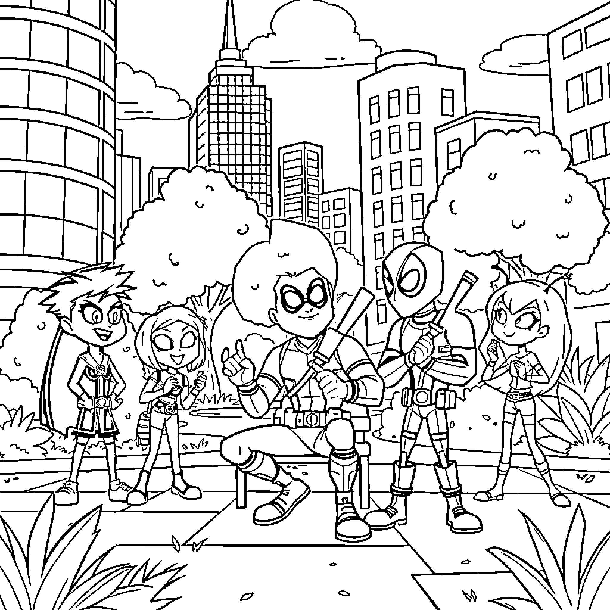 Teen Titans posing in the city Coloring Page (free black-and-white line drawing printable PDF for all, from beginners to advanced learners, including children, teens, adults, and seniors)