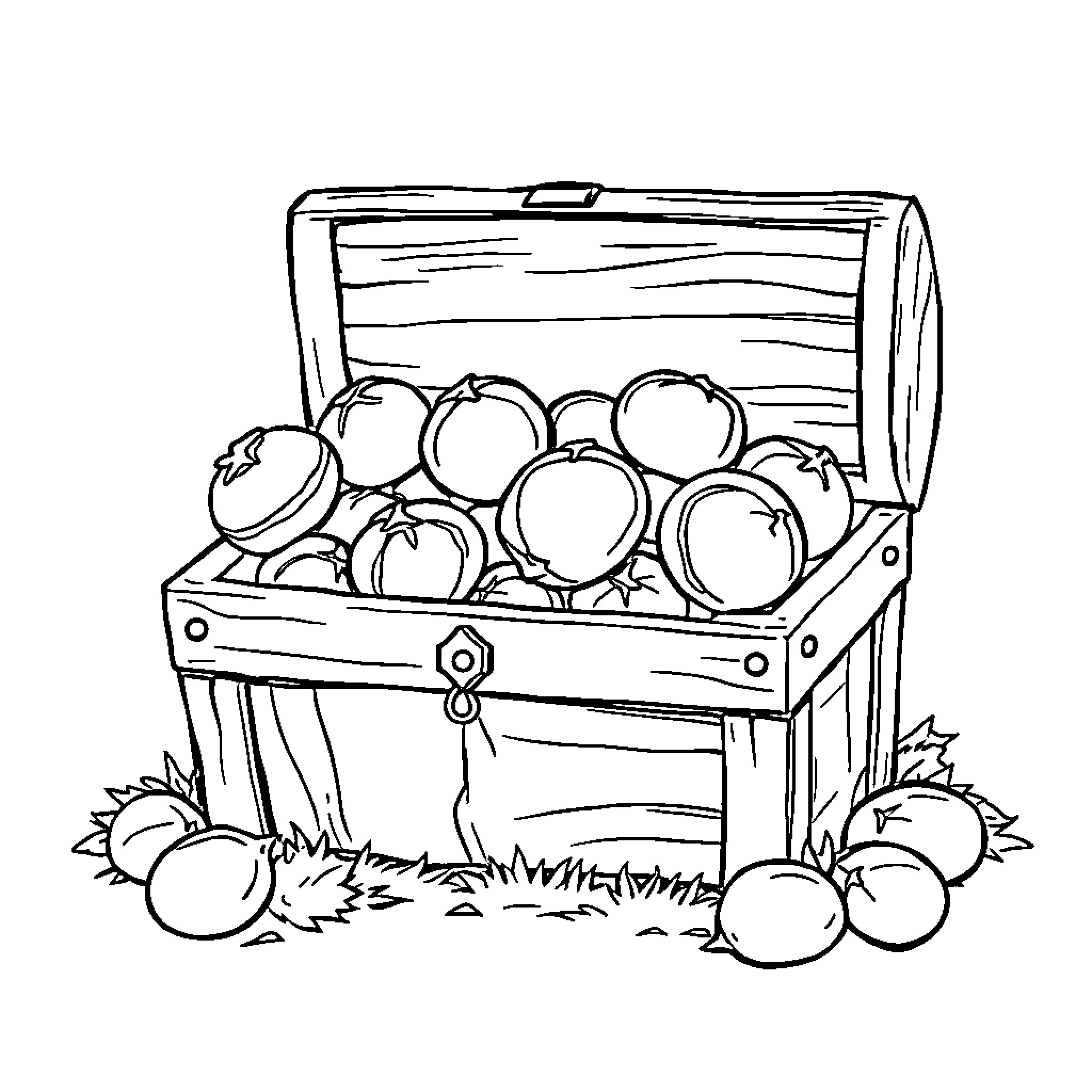 Chestnut Treasure Chest Filled with Fruits Coloring Page (free black-and-white line drawing printable PDF for all, from beginners to advanced learners, including children, teens, adults, and seniors)