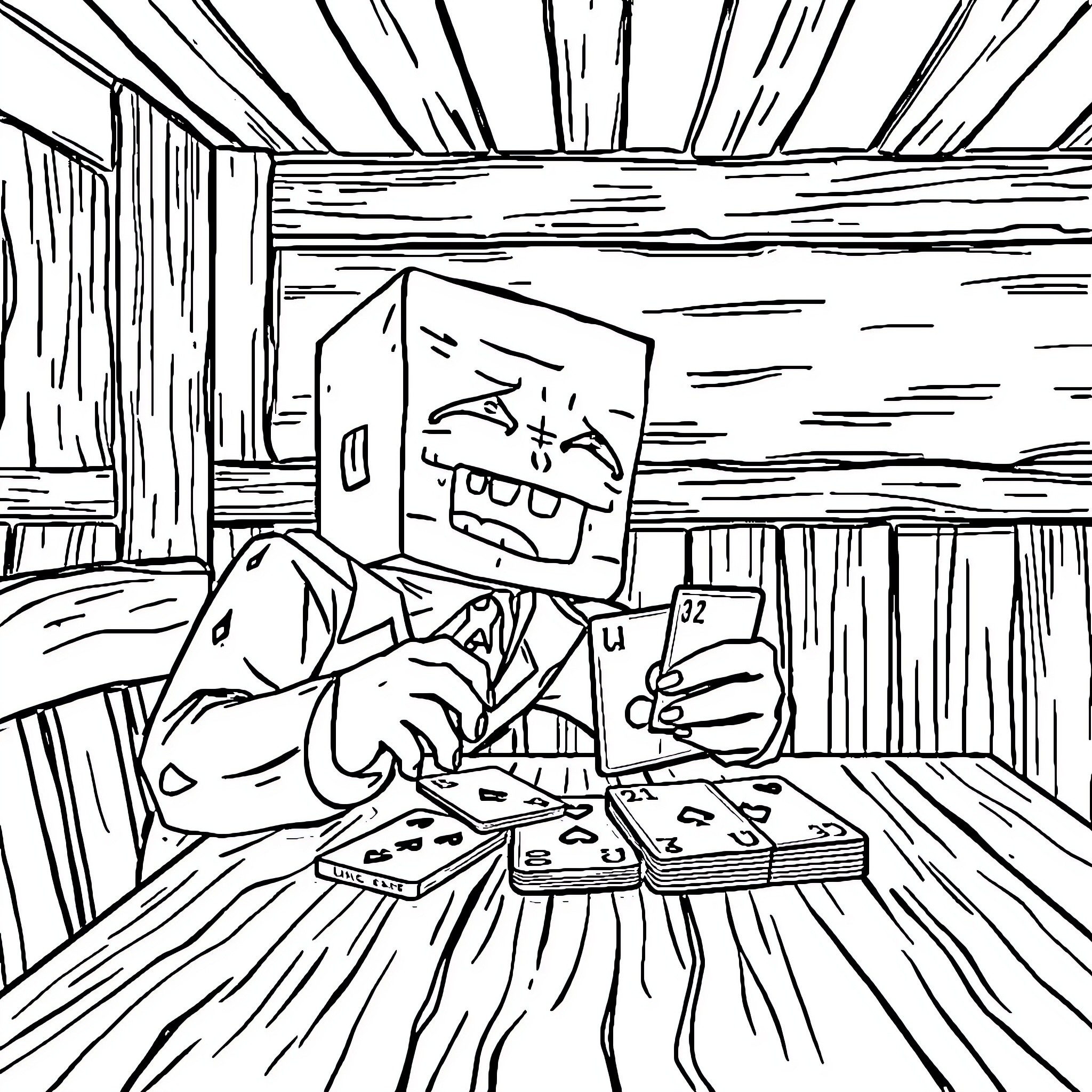 Zombie Playing Vintage Video Games in Dim Cabin Coloring Page (free black-and-white line drawing printable PDF for all, from beginners to advanced learners, including children, teens, adults, and seniors)