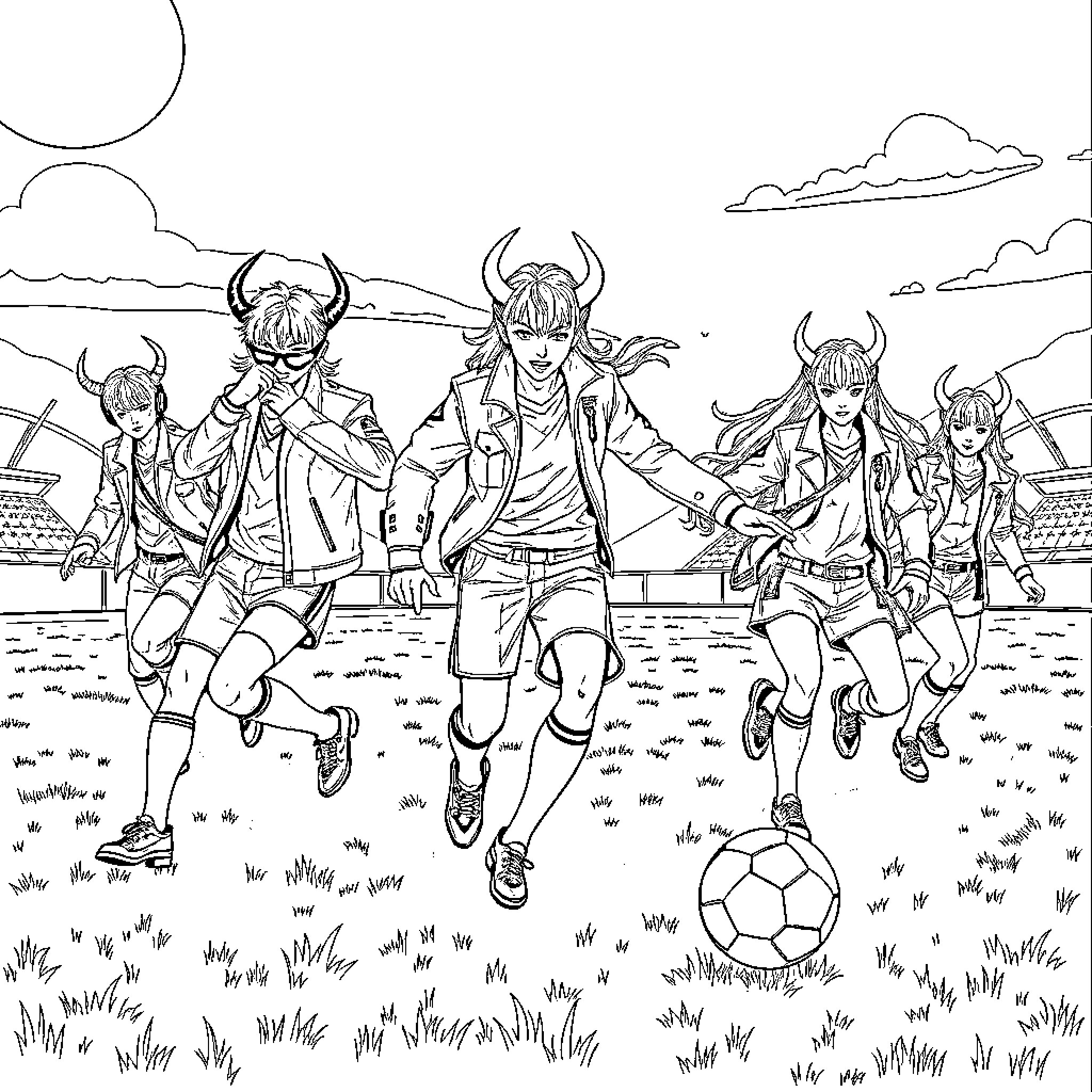 Kpop Demon Hunters Play Soccer in Vibrant Outdoor Setting Coloring Page (free black-and-white line drawing printable PDF for all, from beginners to advanced learners, including children, teens, adults, and seniors)