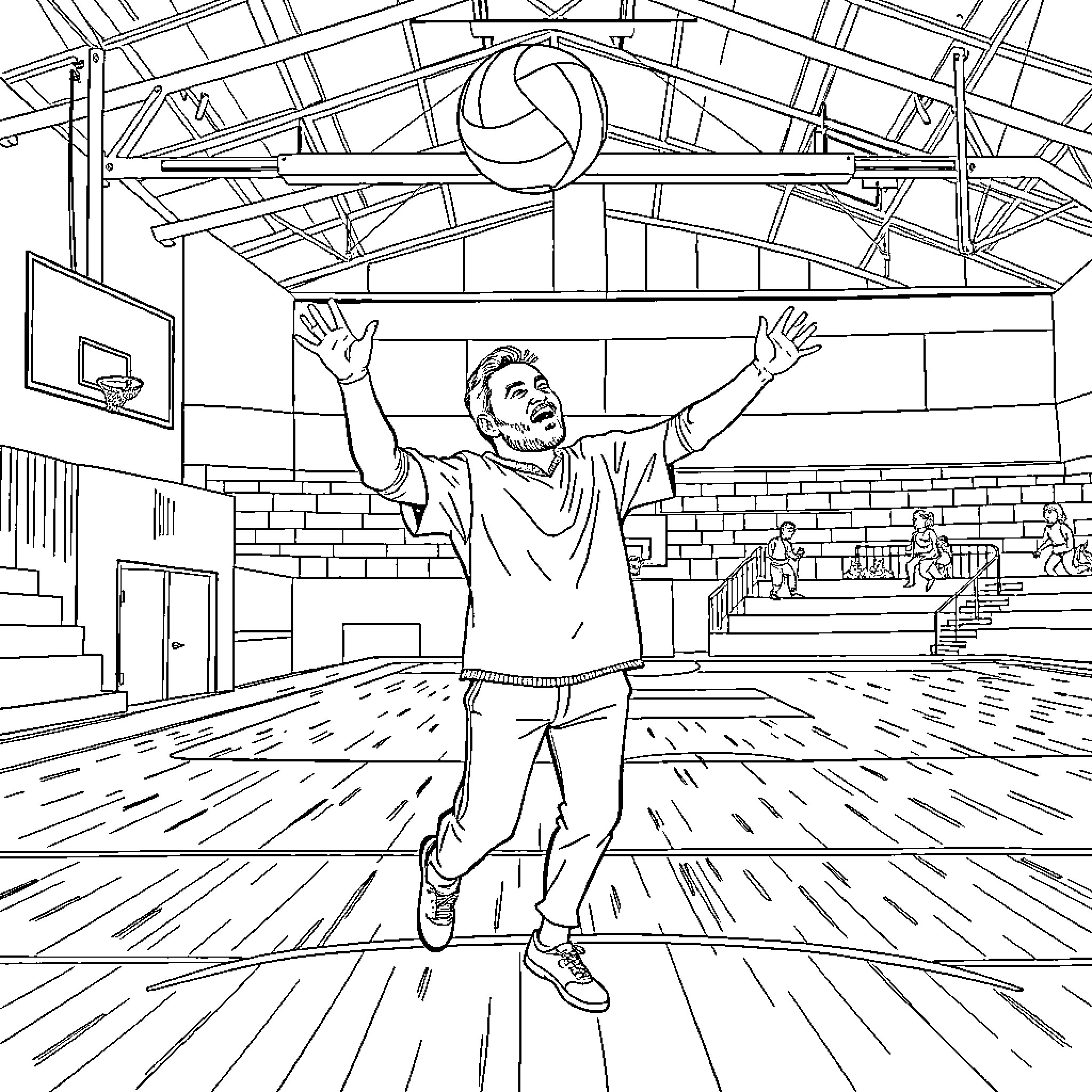 Pastor playing joyfully with volleyball in gymnasium Coloring Page (free black-and-white line drawing printable PDF for all, from beginners to advanced learners, including children, teens, adults, and seniors)