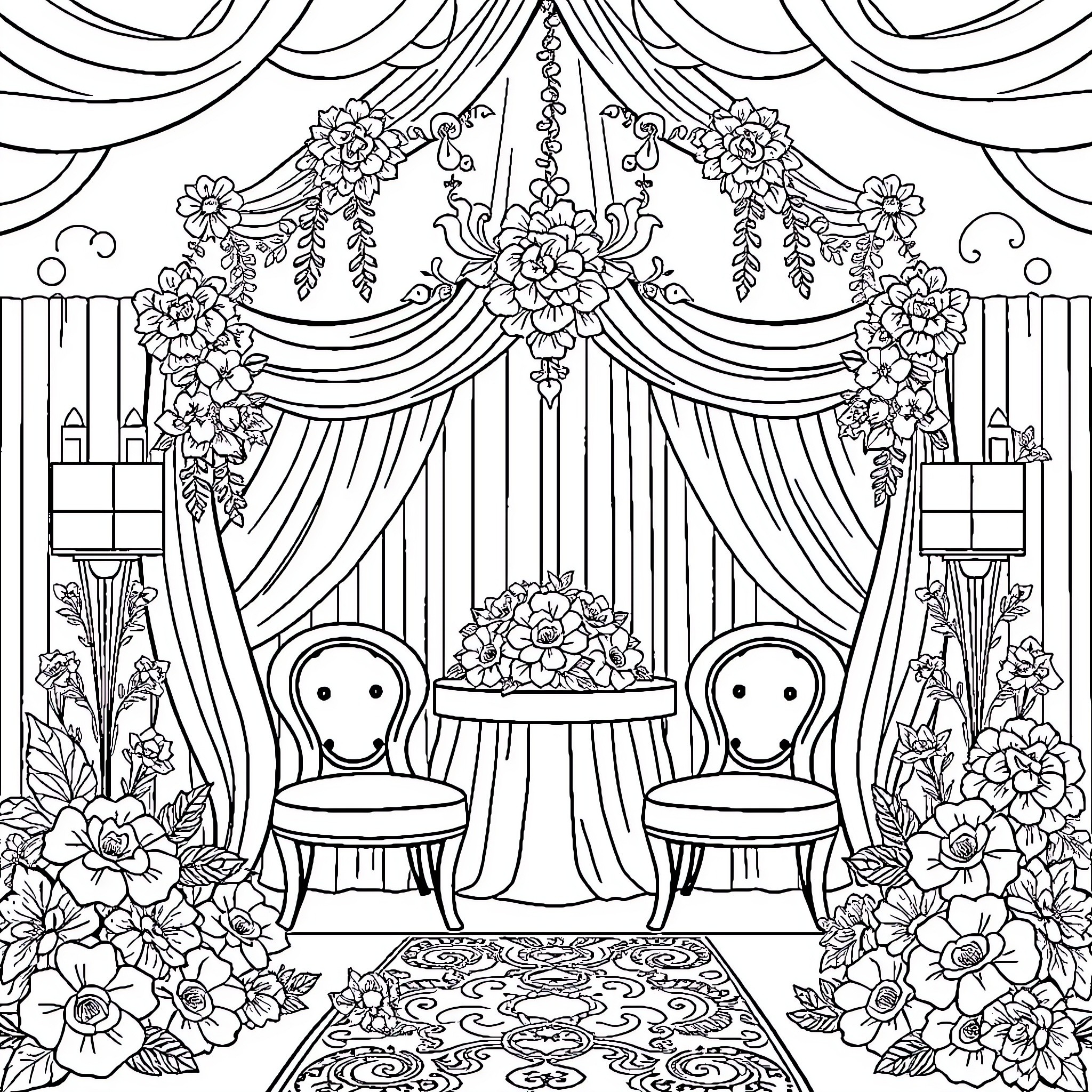 Wedding Ceremony with Floral Arch and Chairs Coloring Page (free black-and-white line drawing printable PDF for all, from beginners to advanced learners, including children, teens, adults, and seniors)