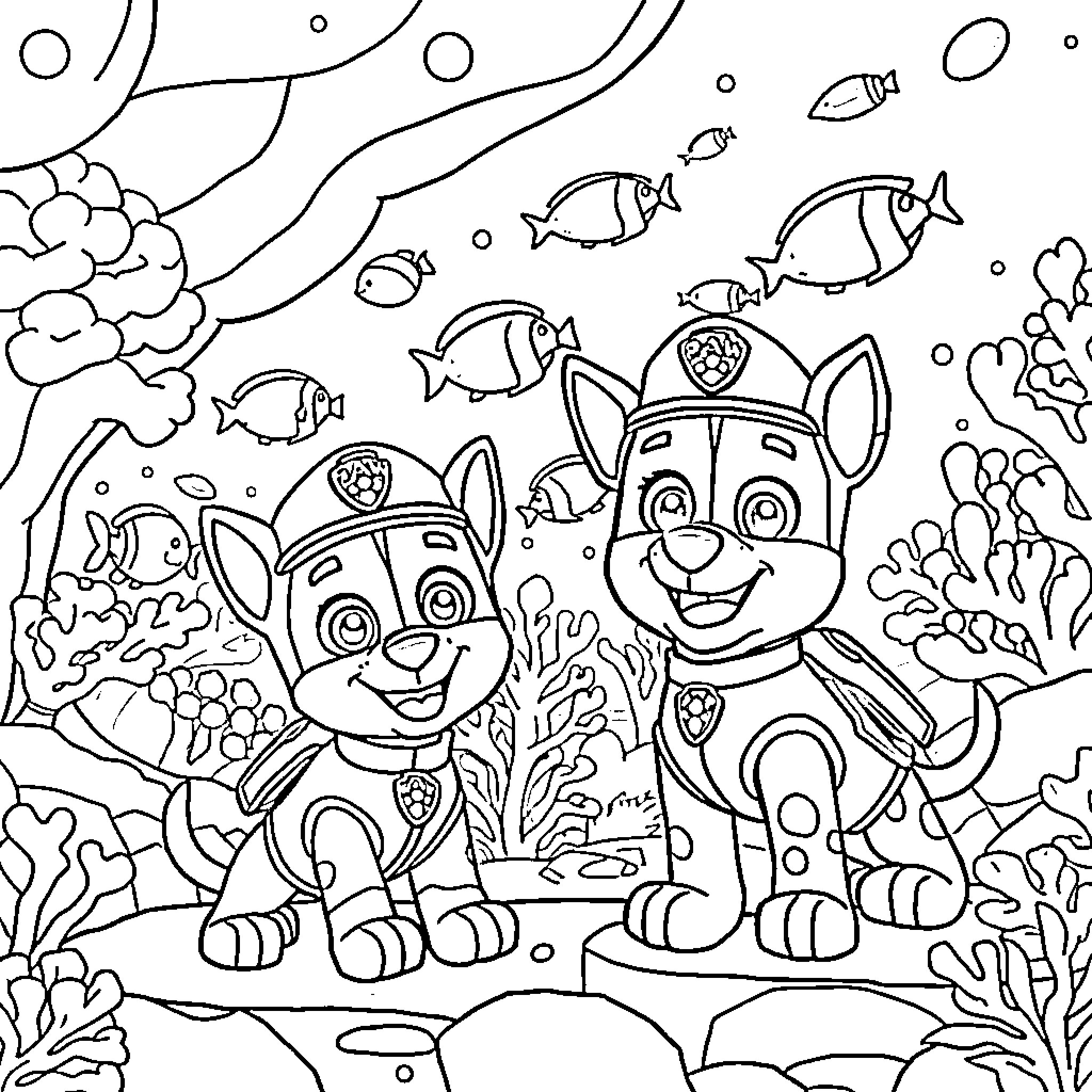 Paw Patrol Underwater Adventure Coloring Page (free black-and-white line drawing printable PDF for all, from beginners to advanced learners, including children, teens, adults, and seniors)