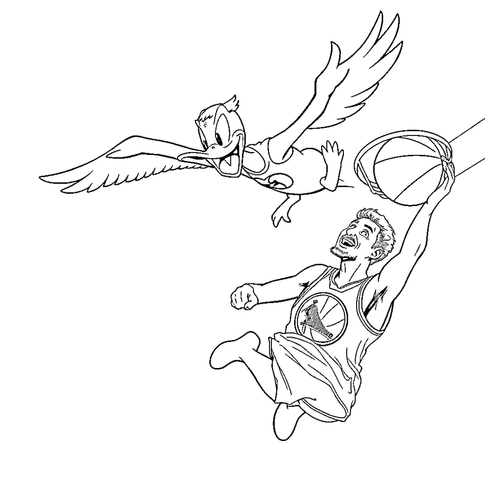 Darkwing Duck in action with bird companion Coloring Page (free black-and-white line drawing printable PDF for all, from beginners to advanced learners, including children, teens, adults, and seniors)