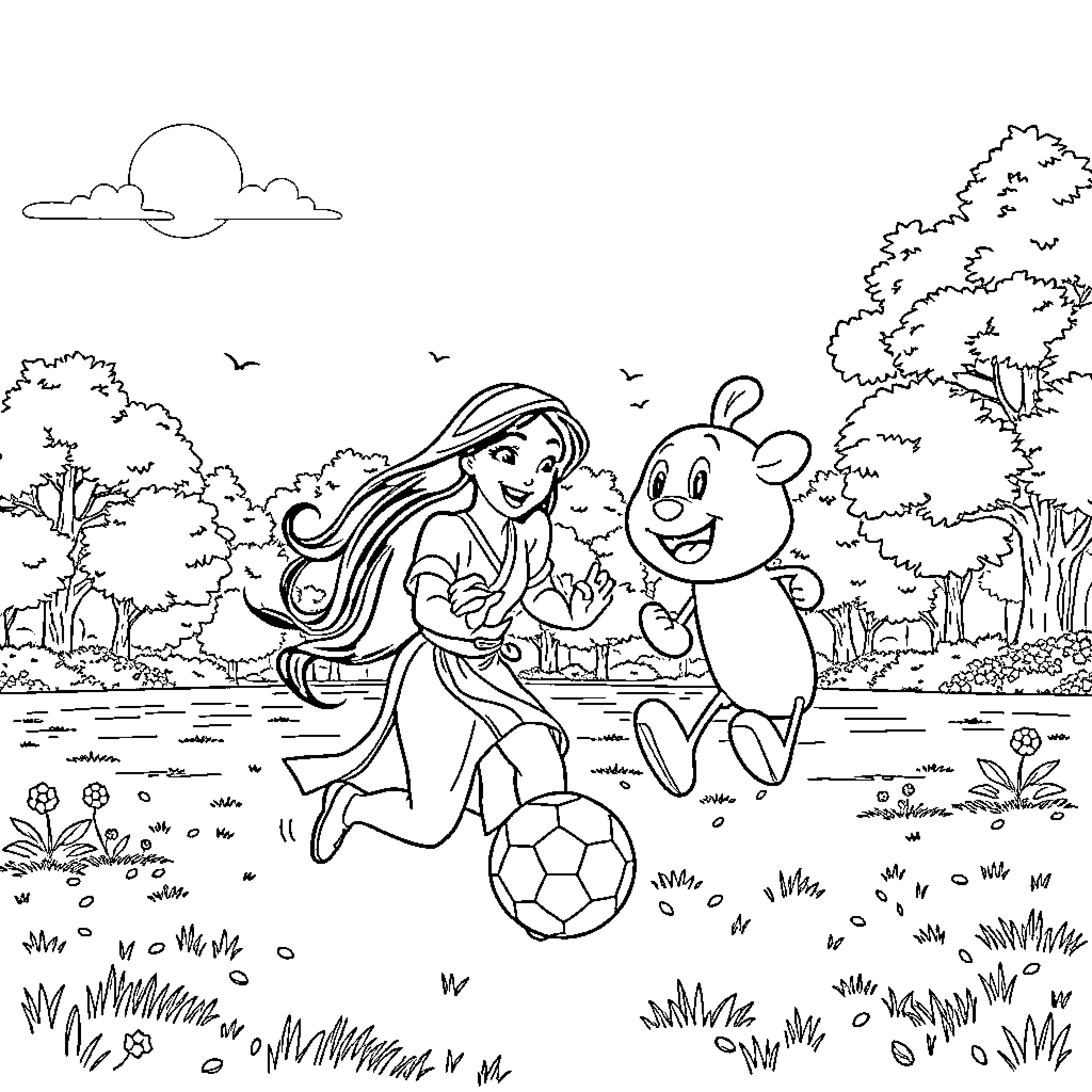 Mulan playing soccer with her animal companion Coloring Page (free black-and-white line drawing printable PDF for all, from beginners to advanced learners, including children, teens, adults, and seniors)