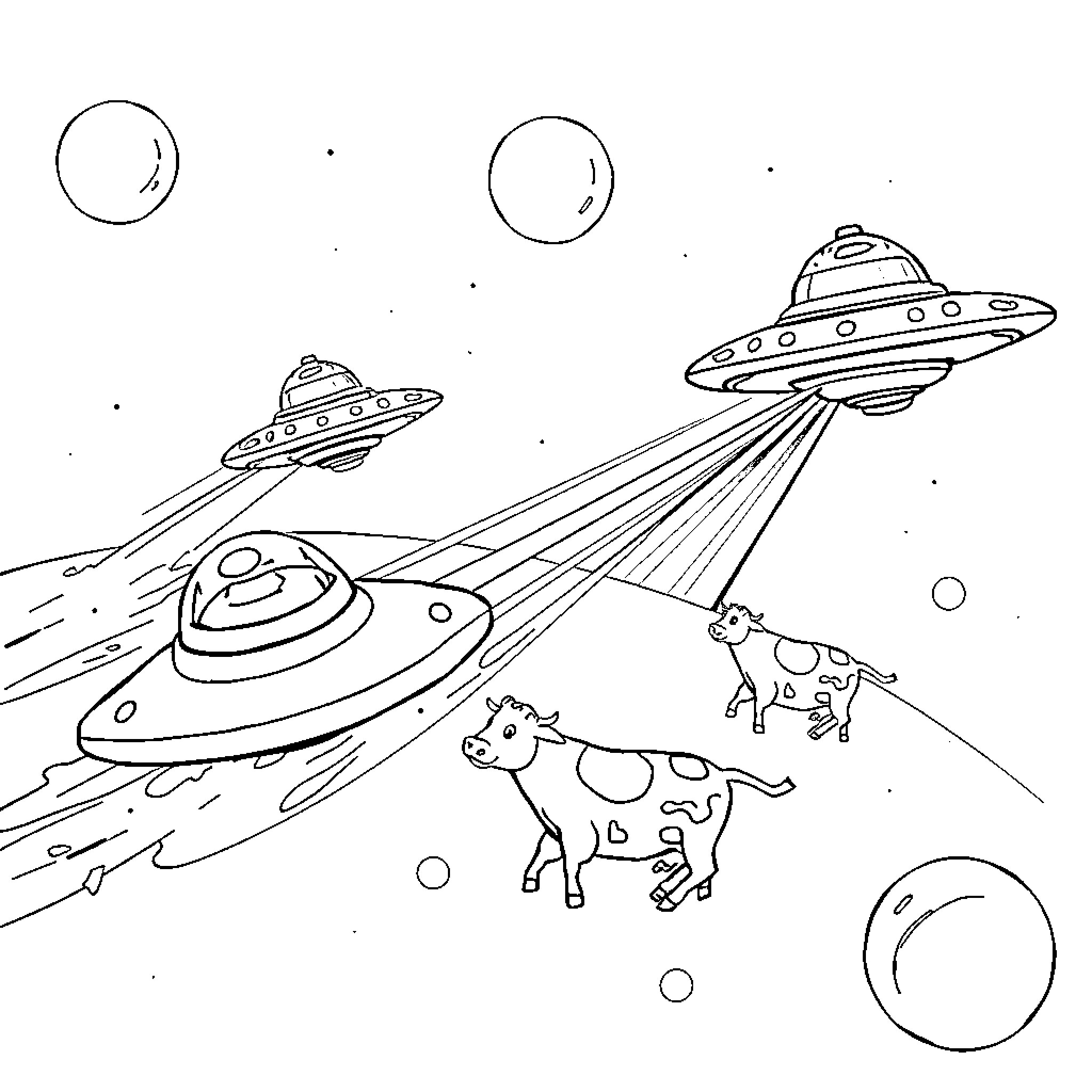 Flying Saucer Abducting Farm Animals in Outer Space Coloring Page (free black-and-white line drawing printable PDF for all, from beginners to advanced learners, including children, teens, adults, and seniors)