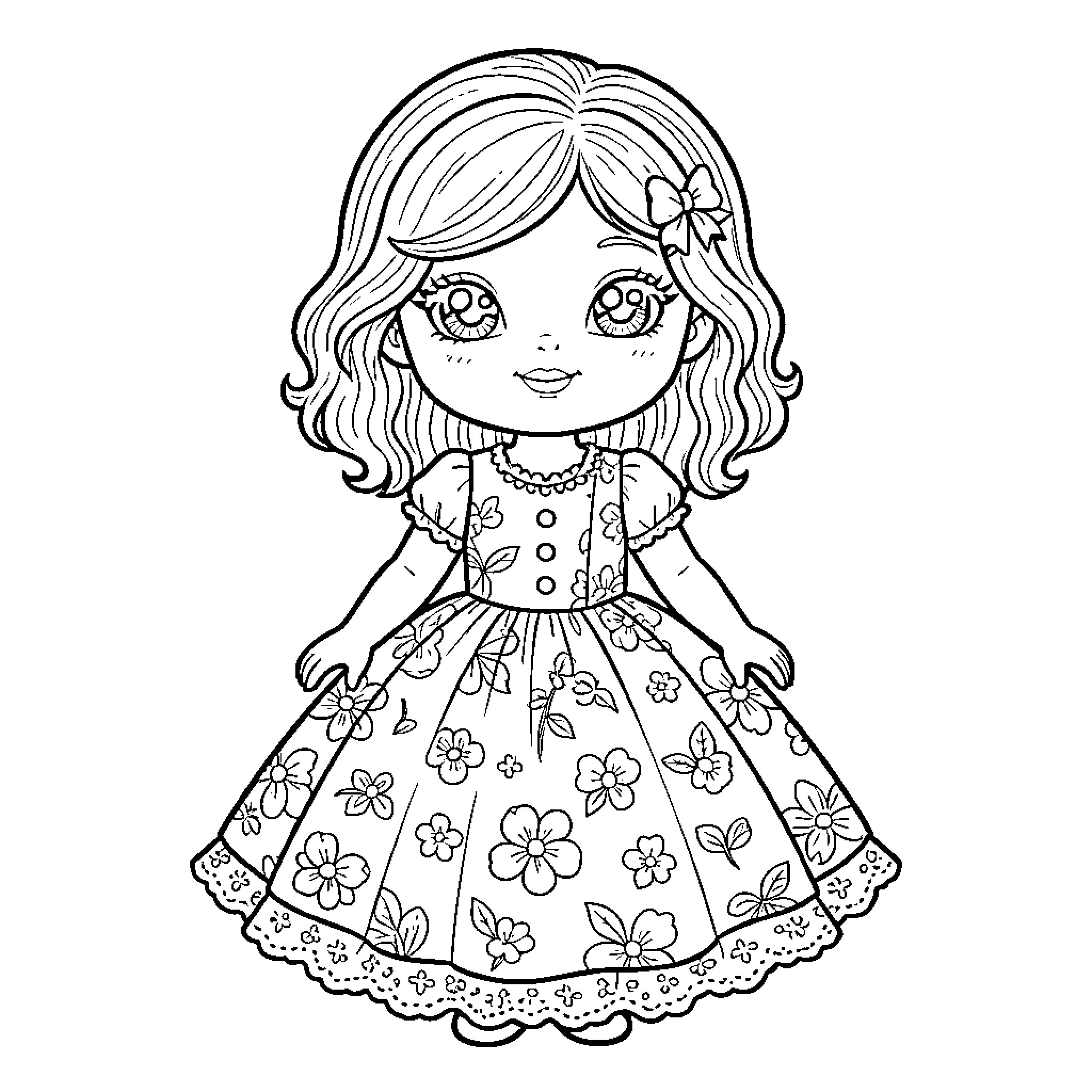 Doll wearing a flowery dress with a bow Coloring Page (free black-and-white line drawing printable PDF for all, from beginners to advanced learners, including children, teens, adults, and seniors)