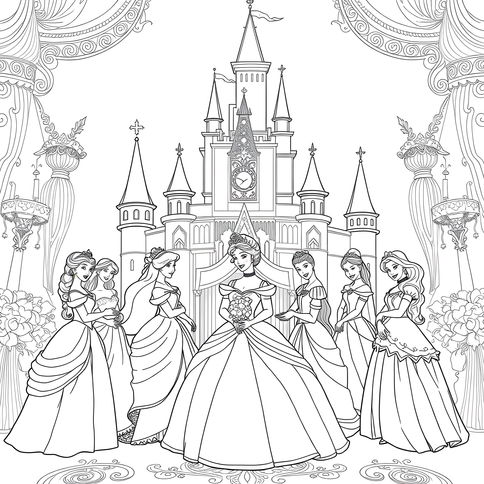 Disney Princess Gathering at the Royal Castle Coloring Page (free black-and-white line drawing printable PDF for all, from beginners to advanced learners, including children, teens, adults, and seniors)
