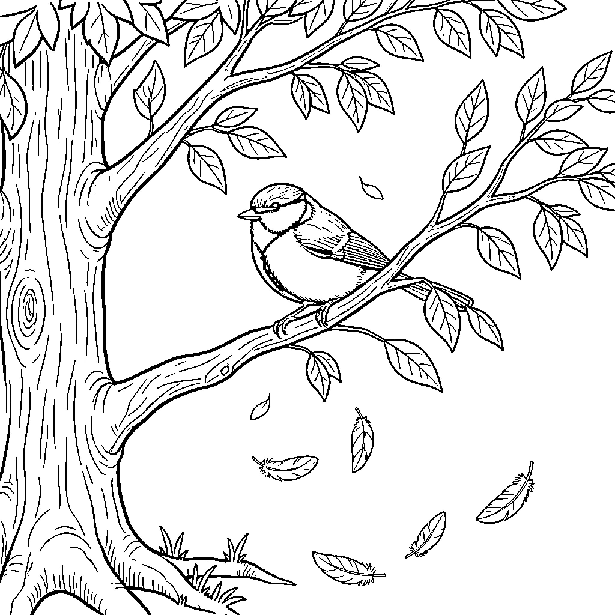 Blue Tit perched calmly on a leafy tree branch Coloring Page (free black-and-white line drawing printable PDF for all, from beginners to advanced learners, including children, teens, adults, and seniors)