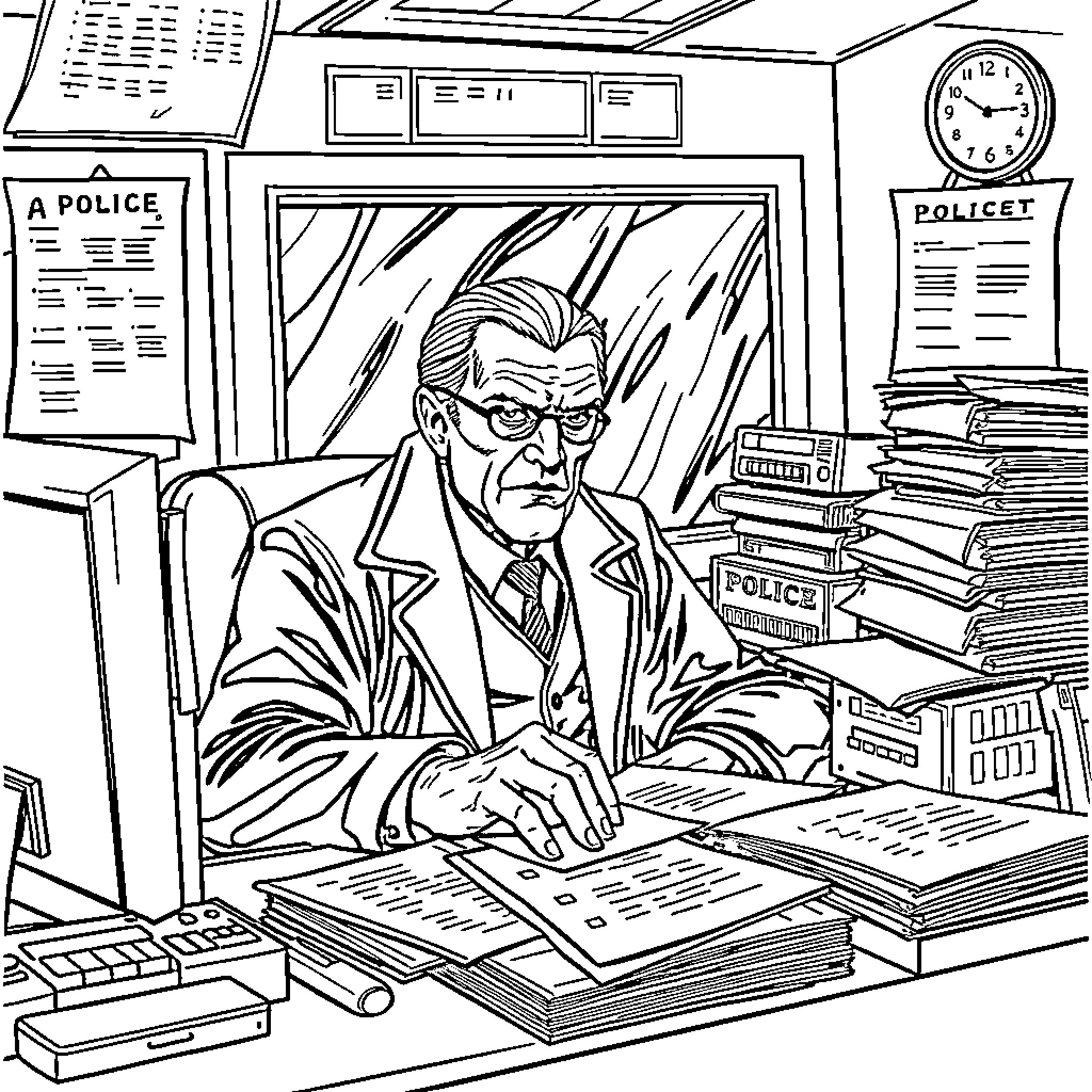 Voldemort Tirelessly Researching in Police Records Coloring Page (free black-and-white line drawing printable PDF for all, from beginners to advanced learners, including children, teens, adults, and seniors)