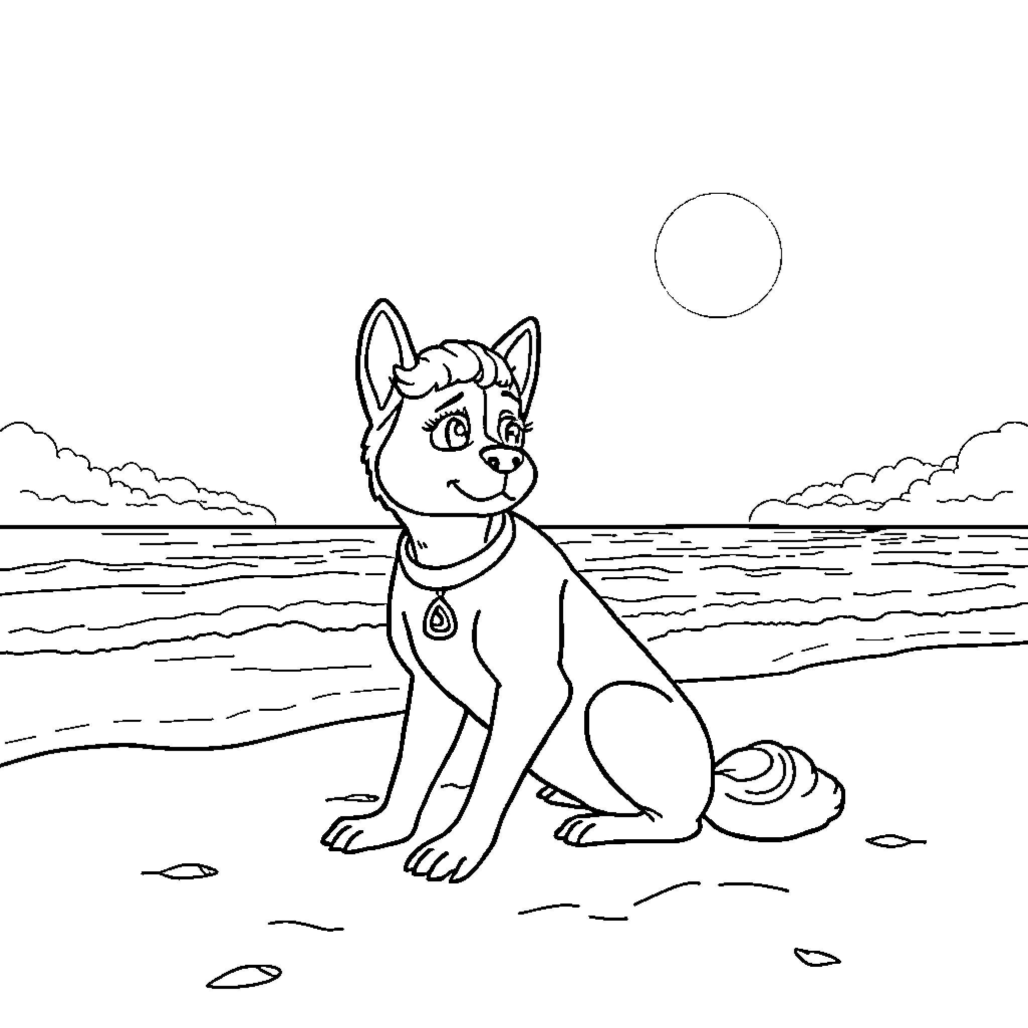 Frida the Pup Enjoying the Beach Coloring Page (free black-and-white line drawing printable PDF for all, from beginners to advanced learners, including children, teens, adults, and seniors)