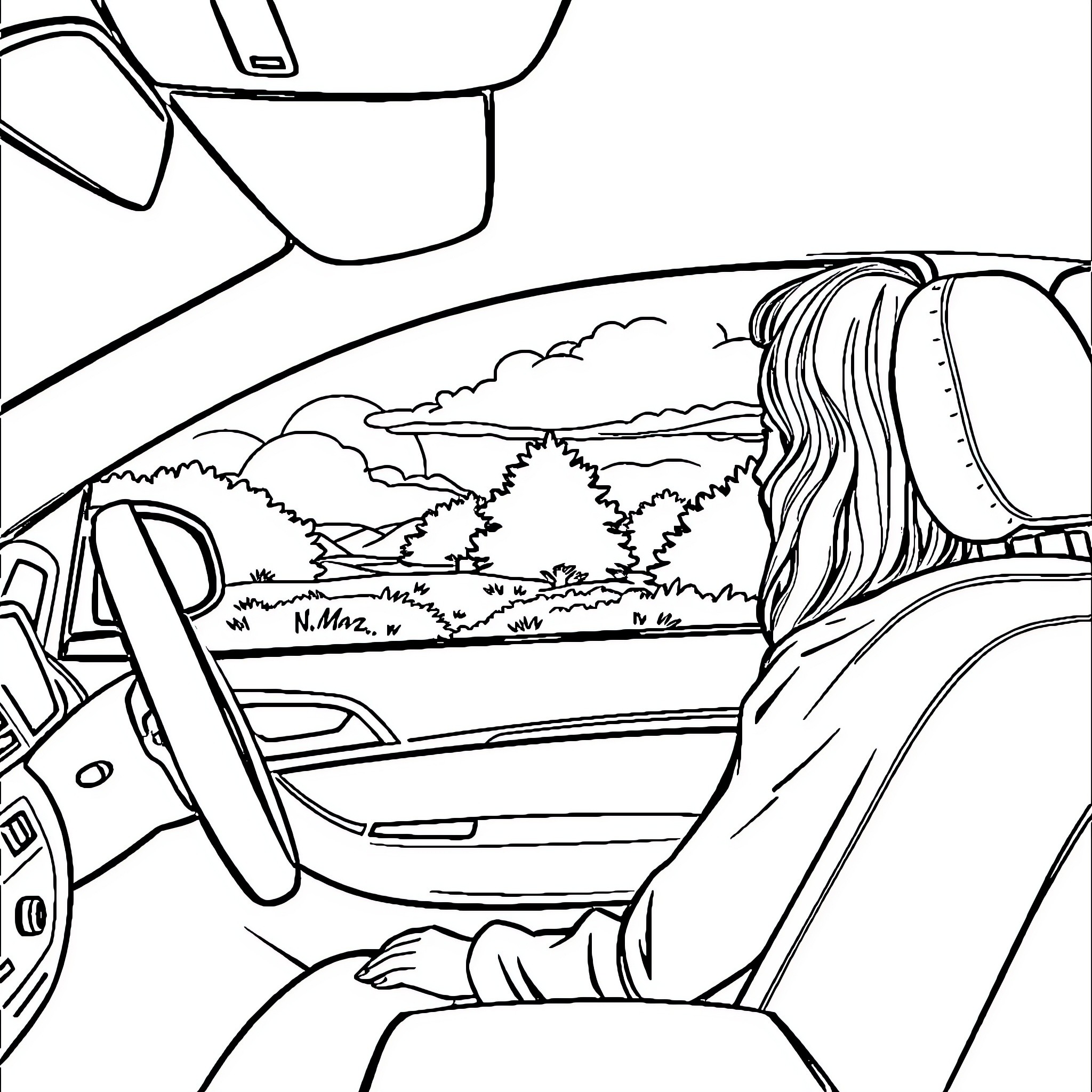 Car driving through scenic countryside landscape Coloring Page (free black-and-white line drawing printable PDF for all, from beginners to advanced learners, including children, teens, adults, and seniors)