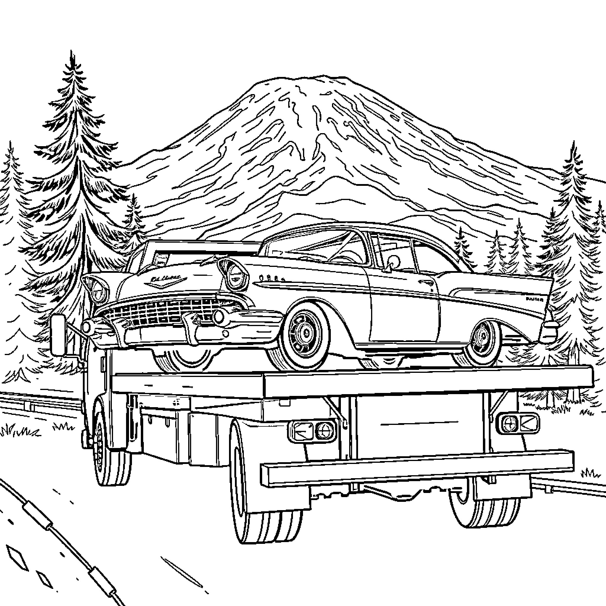 Tow Truck Transporting Classic Car in Mountainous Landscape Coloring Page (free black-and-white line drawing printable PDF for all, from beginners to advanced learners, including children, teens, adults, and seniors)