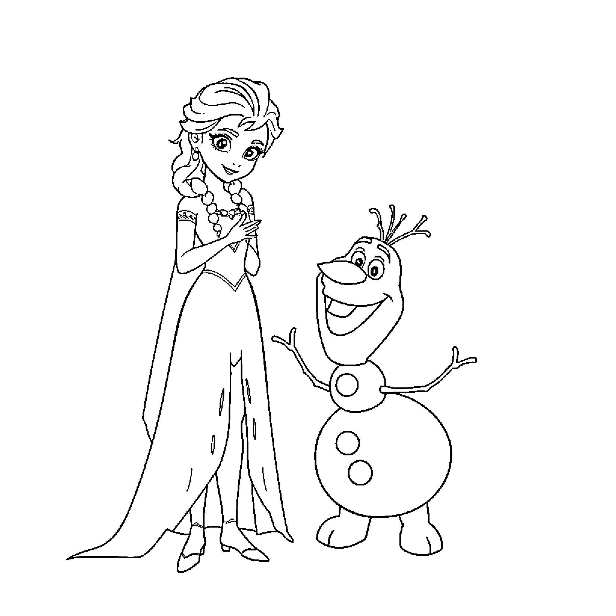 Elsa and Olaf enjoy a joyful moment together Coloring Page (free black-and-white line drawing printable PDF for all, from beginners to advanced learners, including children, teens, adults, and seniors)