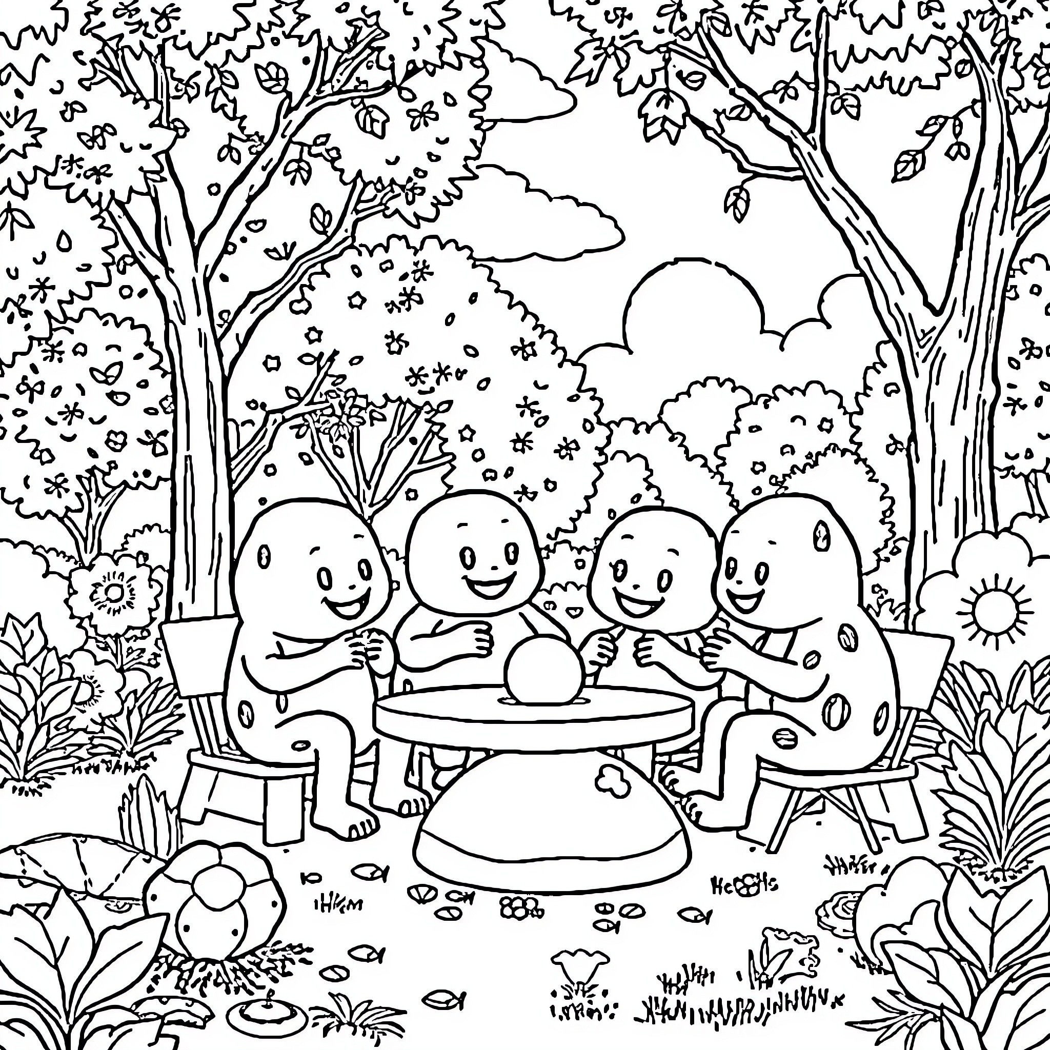 Cocomelon characters picnicking in a forest Coloring Page (free black-and-white line drawing printable PDF for all, from beginners to advanced learners, including children, teens, adults, and seniors)