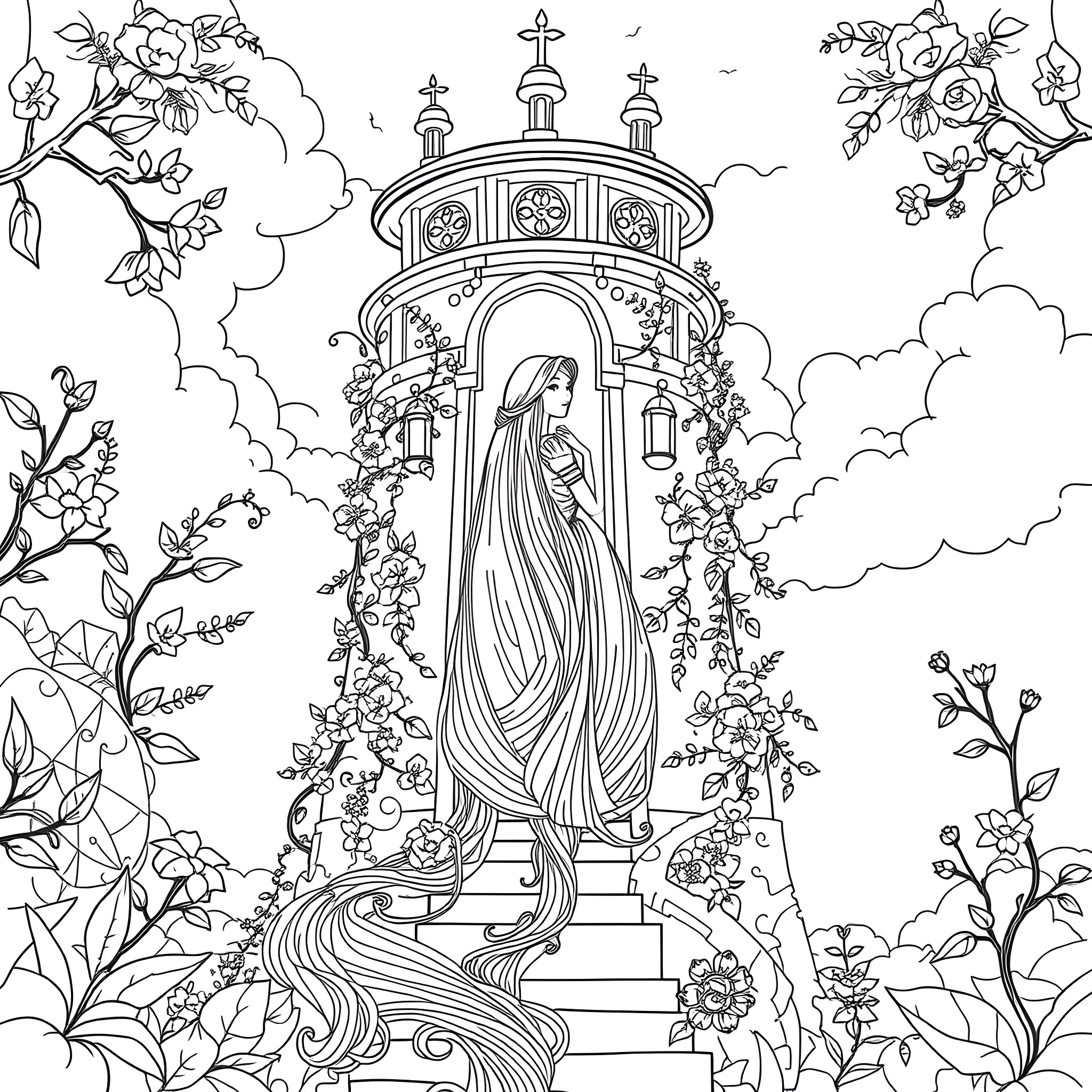 Rapunzel in a floral tower surrounded by nature Coloring Page (free black-and-white line drawing printable PDF for all, from beginners to advanced learners, including children, teens, adults, and seniors)