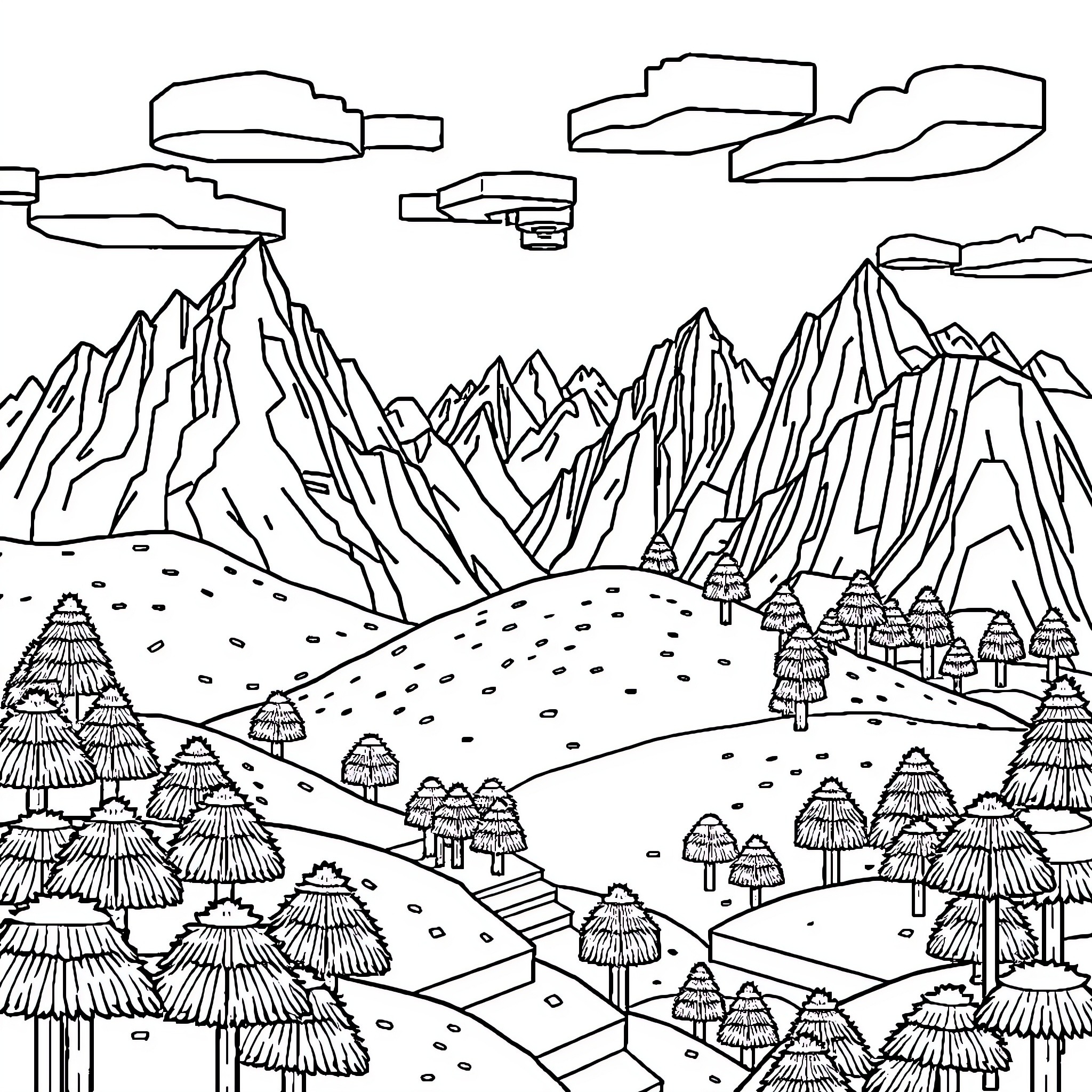 Minecraft Mountainous Landscape with Stylized Trees Coloring Page (free black-and-white line drawing printable PDF for all, from beginners to advanced learners, including children, teens, adults, and seniors)