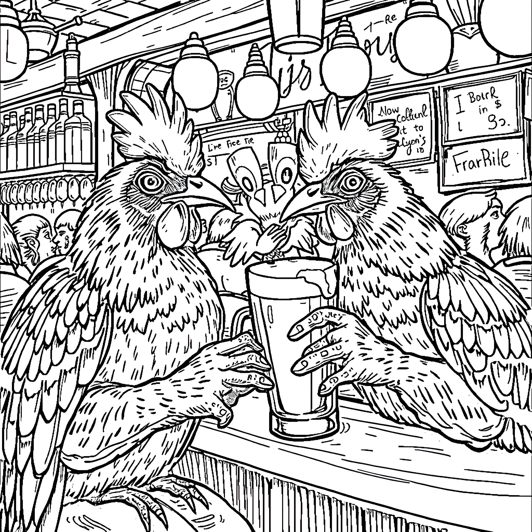 Cockrels Enjoying a Lively Bar Scene Coloring Page (free black-and-white line drawing printable PDF for all, from beginners to advanced learners, including children, teens, adults, and seniors)