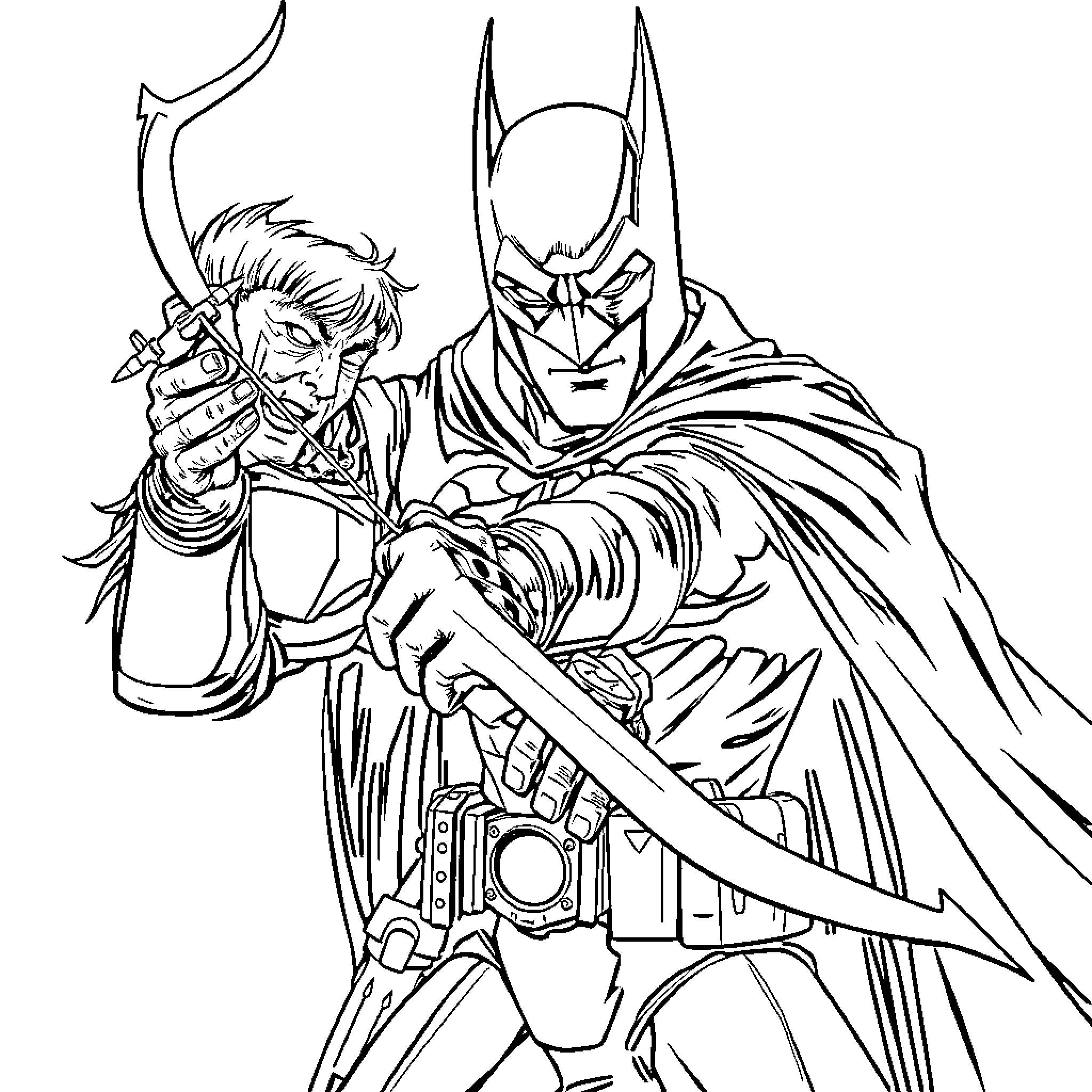 Batman wielding sword in battle stance Coloring Page (free black-and-white line drawing printable PDF for all, from beginners to advanced learners, including children, teens, adults, and seniors)