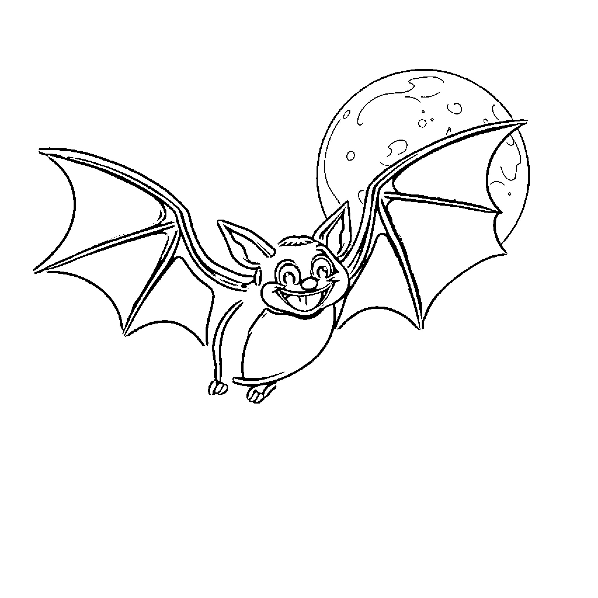 Bat Soaring Cheerfully against the Moon Coloring Page (free black-and-white line drawing printable PDF for all, from beginners to advanced learners, including children, teens, adults, and seniors)