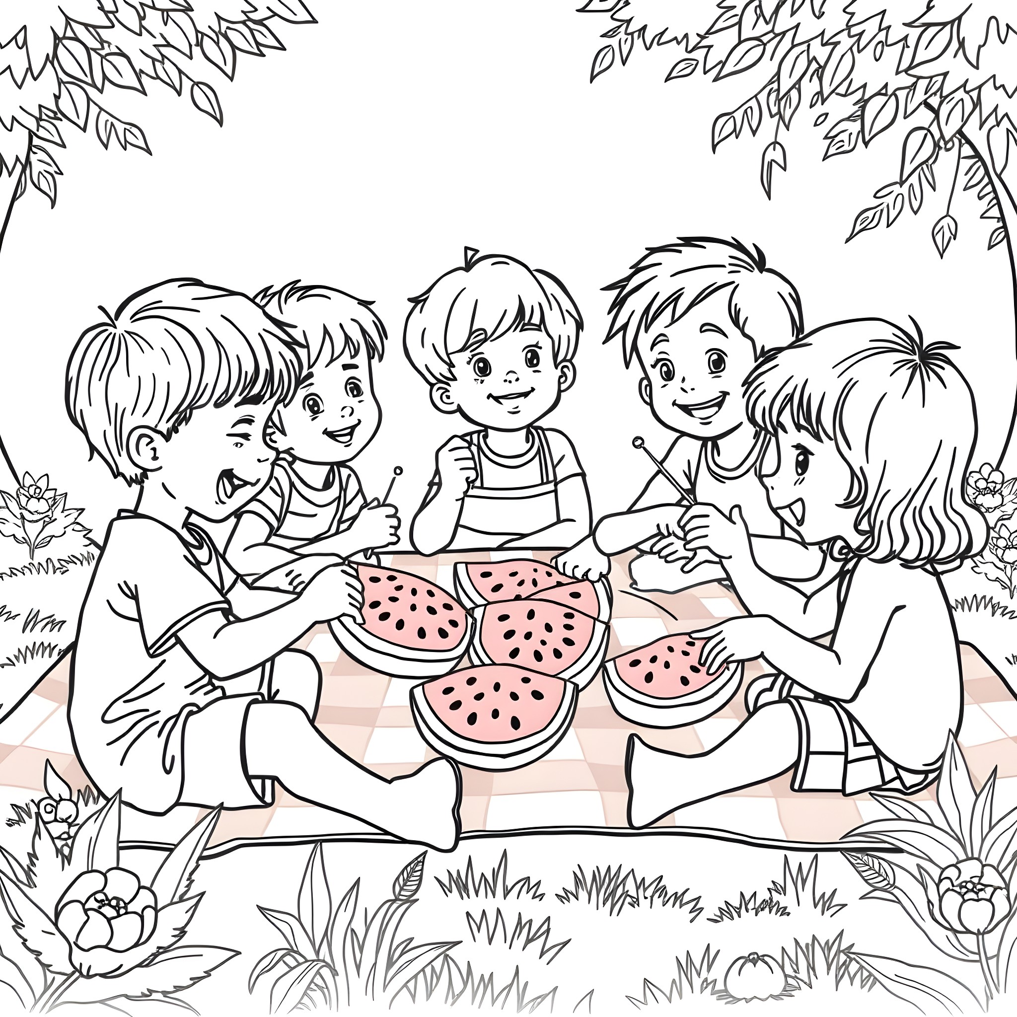 Kids enjoying a watermelon picnic in the park Coloring Page (free black-and-white line drawing printable PDF for all, from beginners to advanced learners, including children, teens, adults, and seniors)