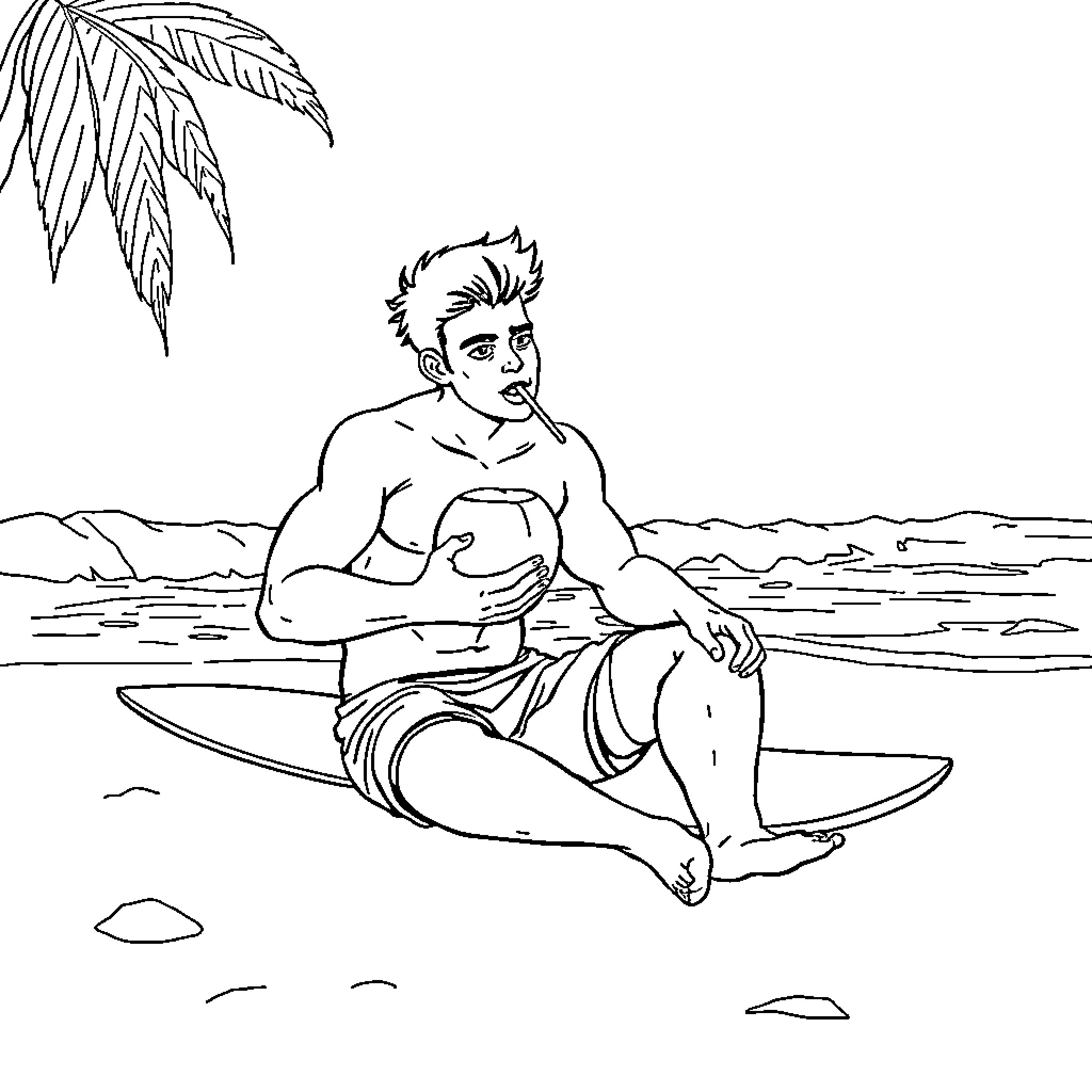 Surfer resting on the beach Coloring Page (free black-and-white line drawing printable PDF for all, from beginners to advanced learners, including children, teens, adults, and seniors)