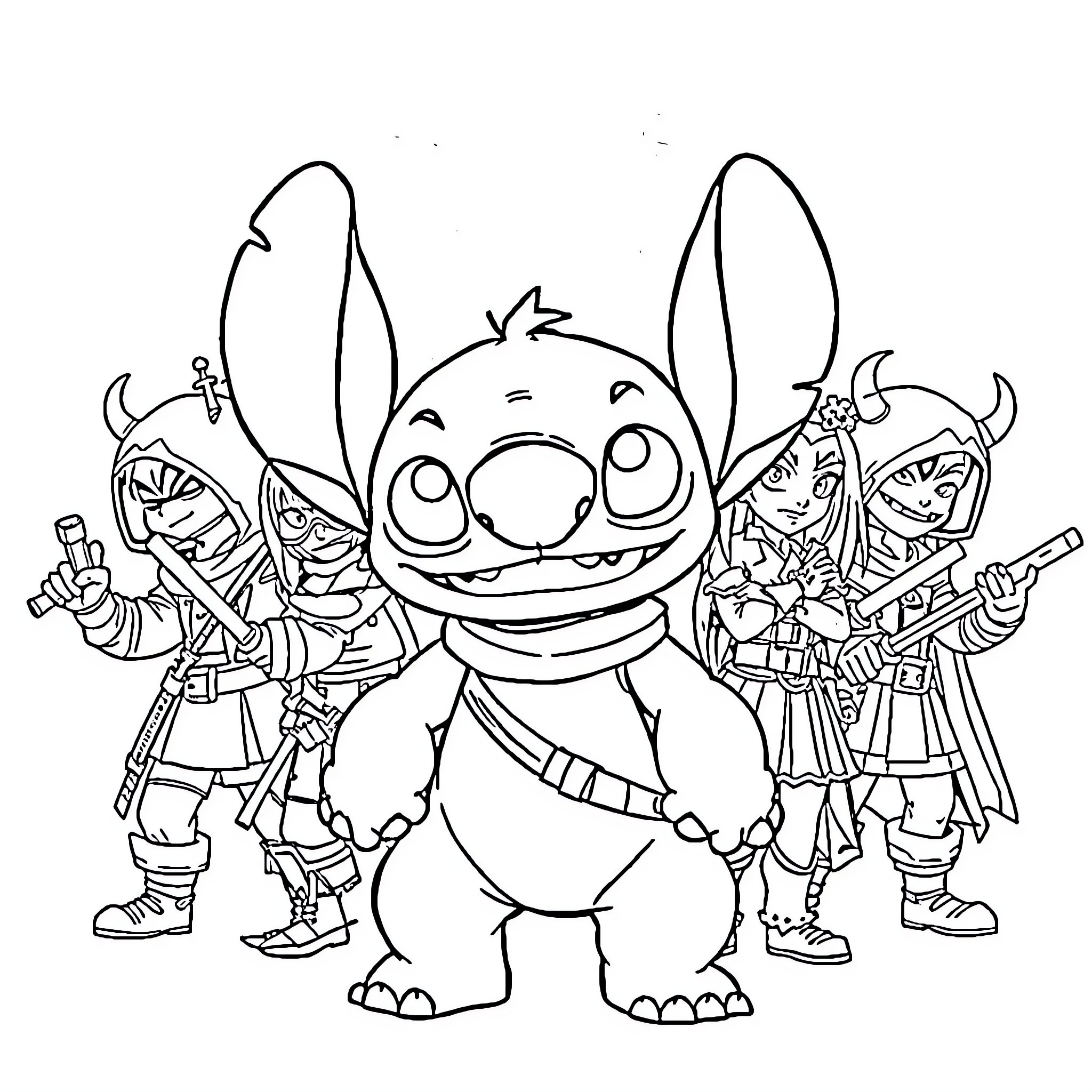 Stitch and friends on an adventure Coloring Page (free black-and-white line drawing printable PDF for all, from beginners to advanced learners, including children, teens, adults, and seniors)