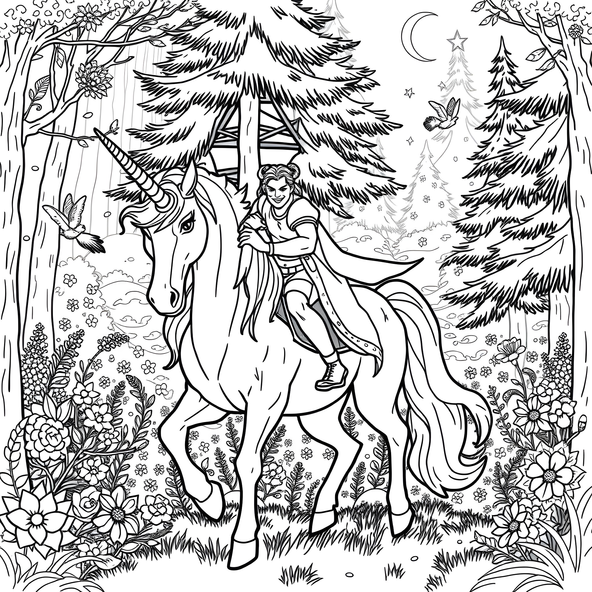 Loki's Enchanted Forest Ride Coloring Page (free black-and-white line drawing printable PDF for all, from beginners to advanced learners, including children, teens, adults, and seniors)