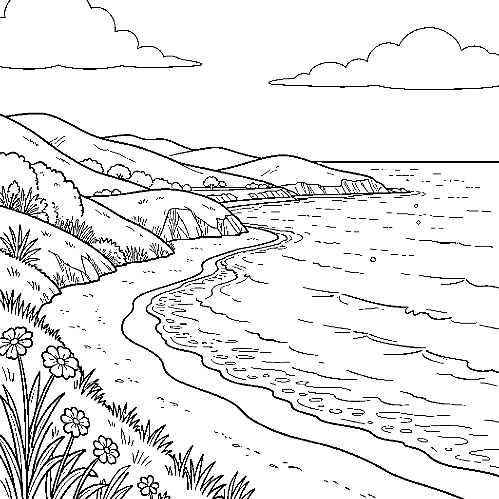 Landscape of a scenic coastal beach with mountains Coloring Page (free black-and-white line drawing printable PDF for all, from beginners to advanced learners, including children, teens, adults, and seniors)