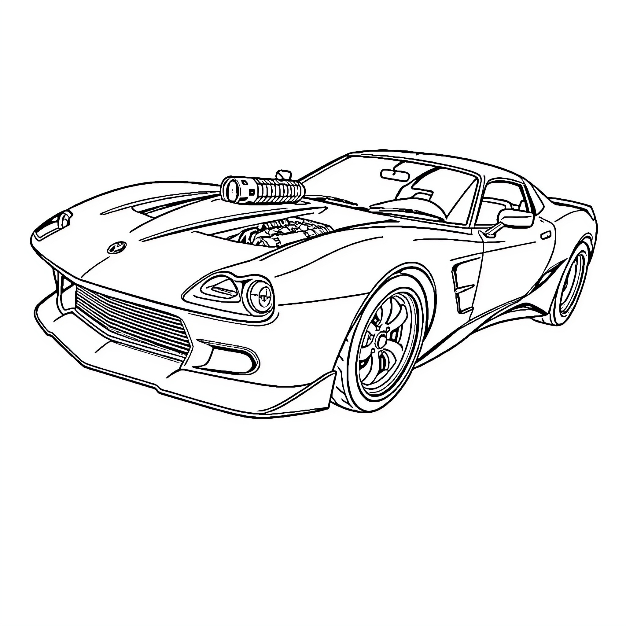Sports Car with Aggressive Styling and Customization Coloring Page (free black-and-white line drawing printable PDF for all, from beginners to advanced learners, including children, teens, adults, and seniors)