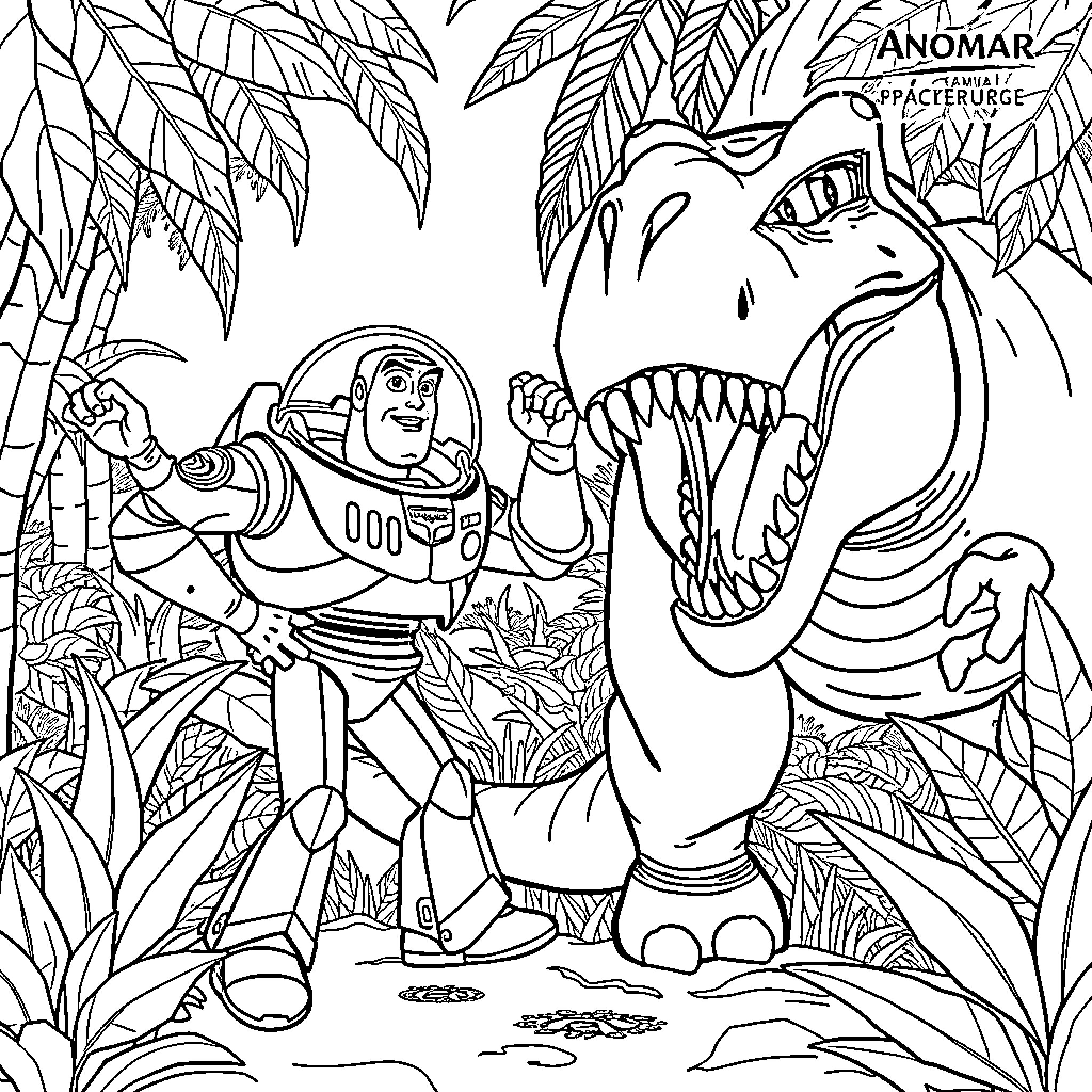 Buzz Lightyear facing a giant dinosaur in a jungle Coloring Page (free black-and-white line drawing printable PDF for all, from beginners to advanced learners, including children, teens, adults, and seniors)