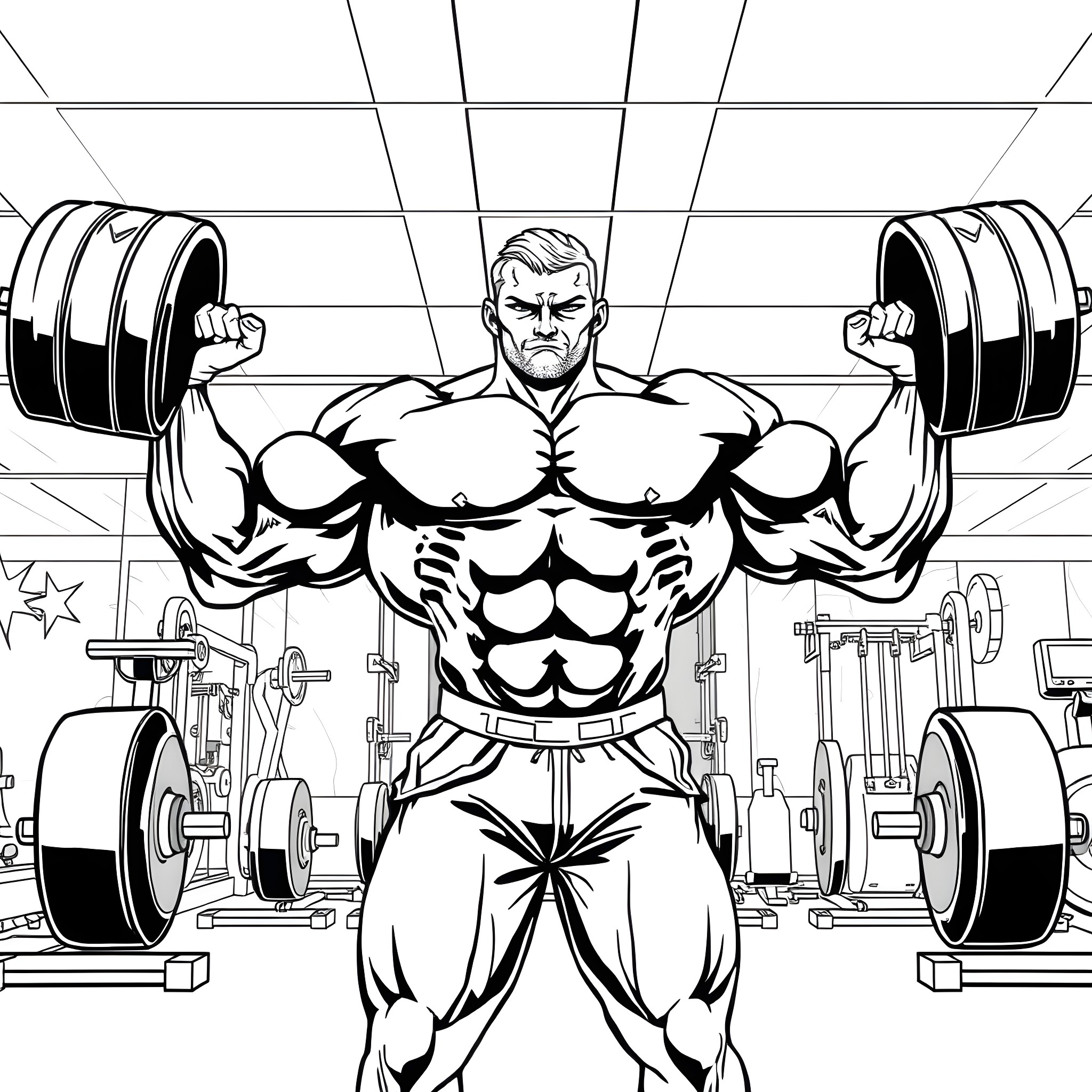 Bodybuilder lifting heavy weights in the gym Coloring Page (free black-and-white line drawing printable PDF for all, from beginners to advanced learners, including children, teens, adults, and seniors)