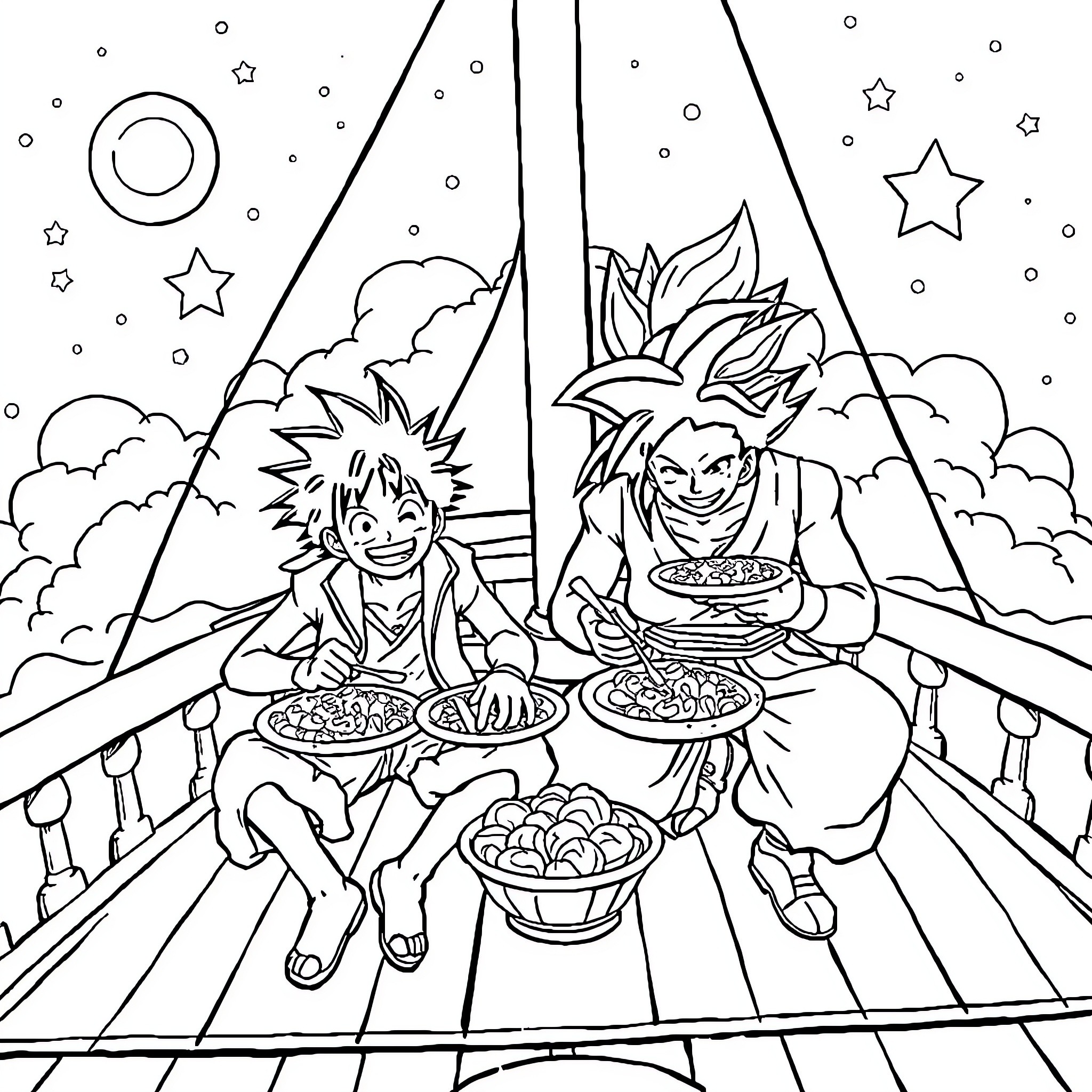Monkey D Luffy and Goku Enjoying a Feast Under the Starry Sky Coloring Page (free black-and-white line drawing printable PDF for all, from beginners to advanced learners, including children, teens, adults, and seniors)