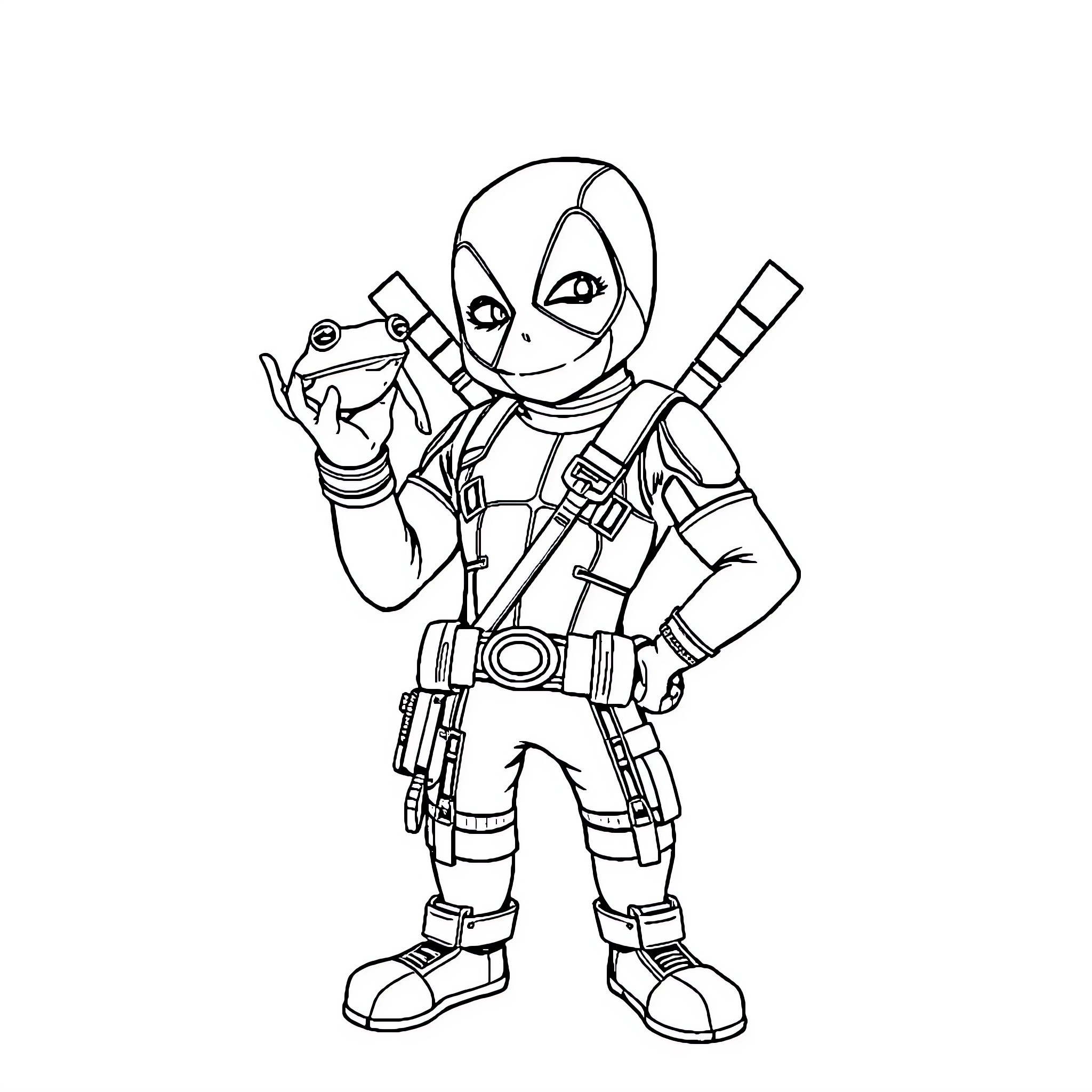 Deadpool in Playful Antics with Companion Coloring Page (free black-and-white line drawing printable PDF for all, from beginners to advanced learners, including children, teens, adults, and seniors)