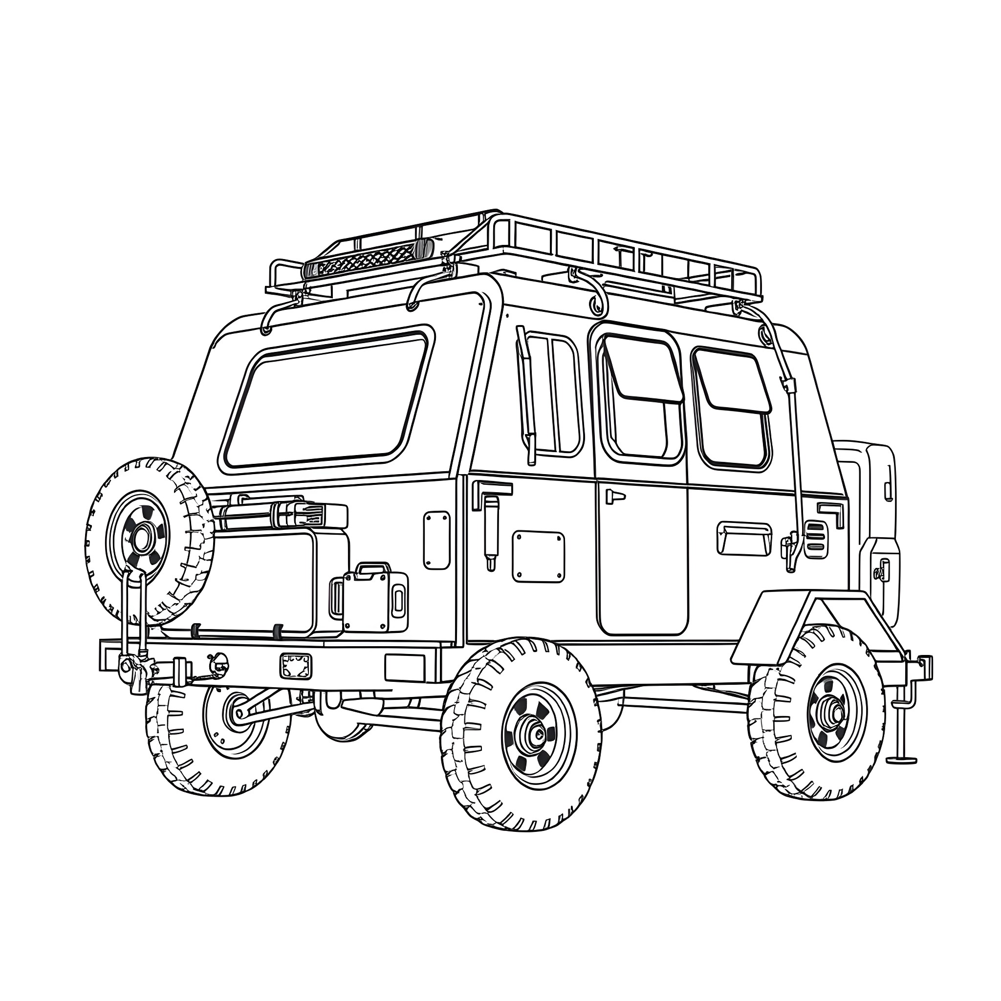 Car Trailer with Outdoor Adventure Equipment Coloring Page (free black-and-white line drawing printable PDF for all, from beginners to advanced learners, including children, teens, adults, and seniors)