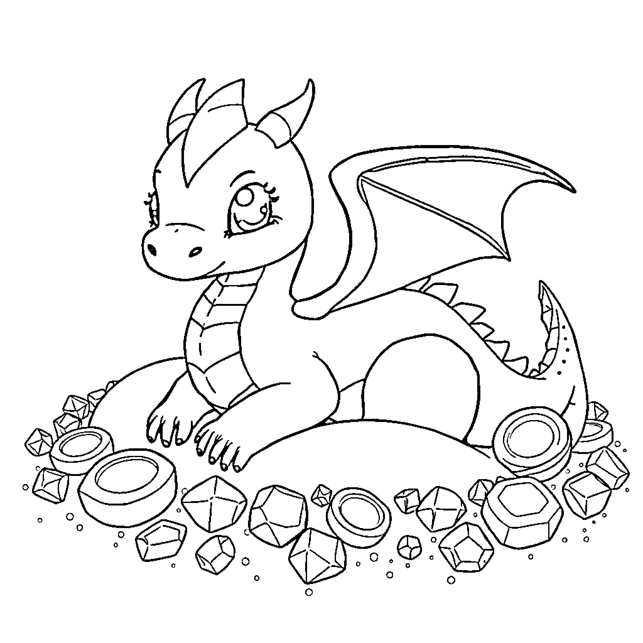 Dragon resting on a bed of crystals Coloring Page (free black-and-white line drawing printable PDF for all, from beginners to advanced learners, including children, teens, adults, and seniors)