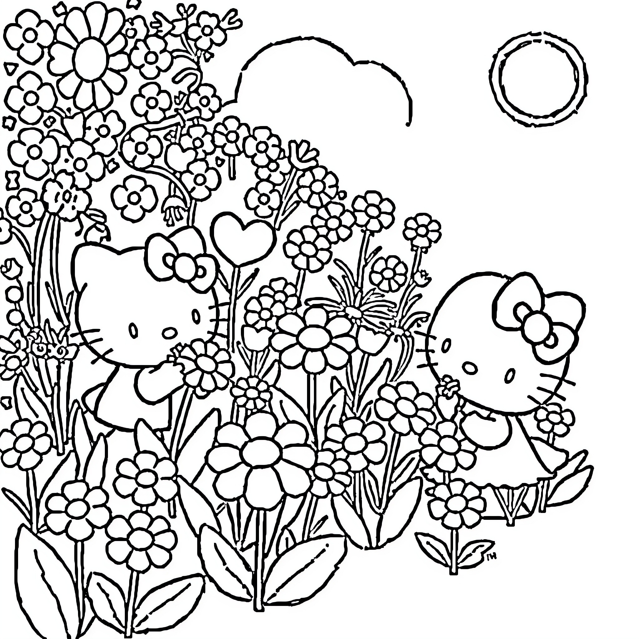 Hello Kitty in a Floral Garden Coloring Page (free black-and-white line drawing printable PDF for all, from beginners to advanced learners, including children, teens, adults, and seniors)