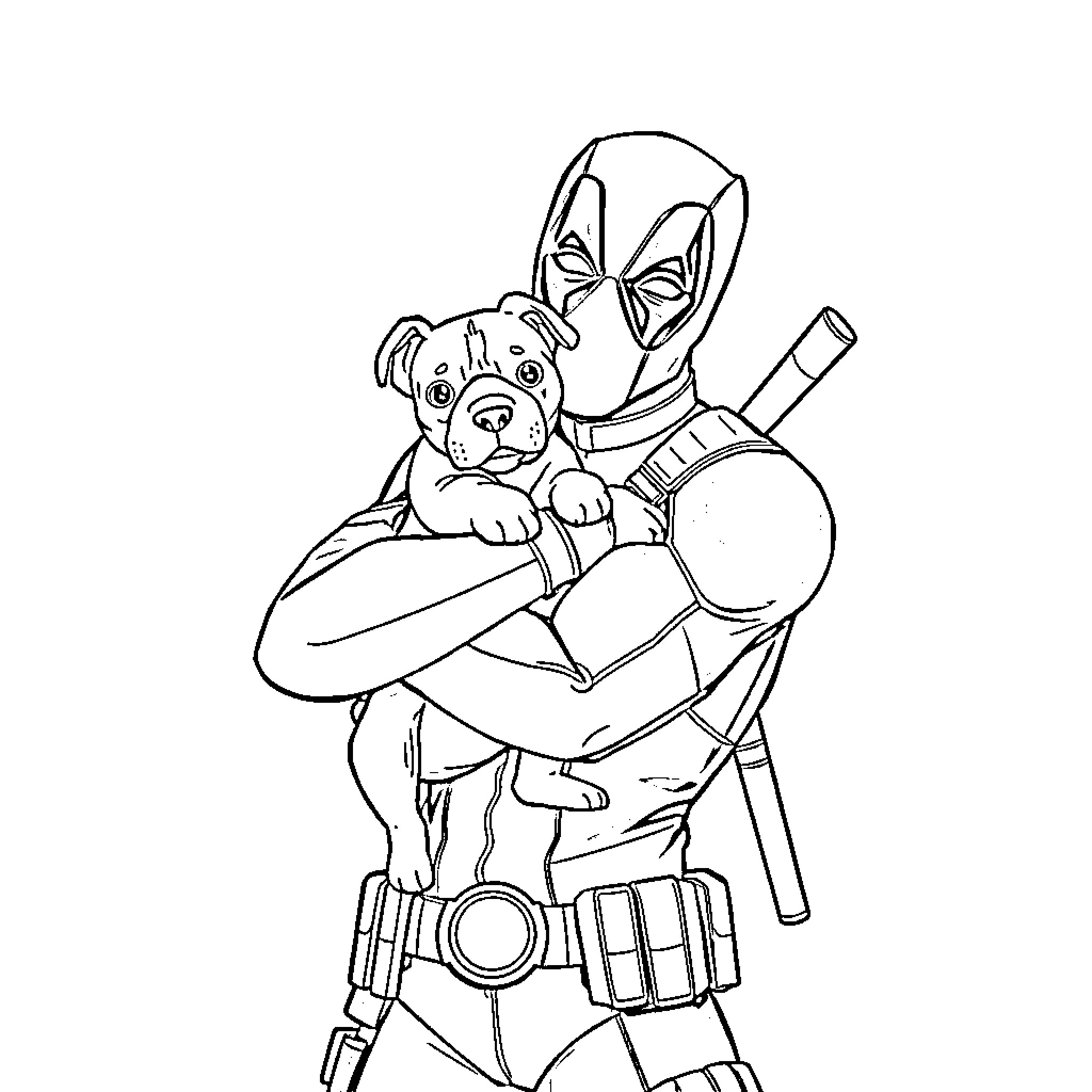 Deadpool embracing a cute puppy Coloring Page (free black-and-white line drawing printable PDF for all, from beginners to advanced learners, including children, teens, adults, and seniors)