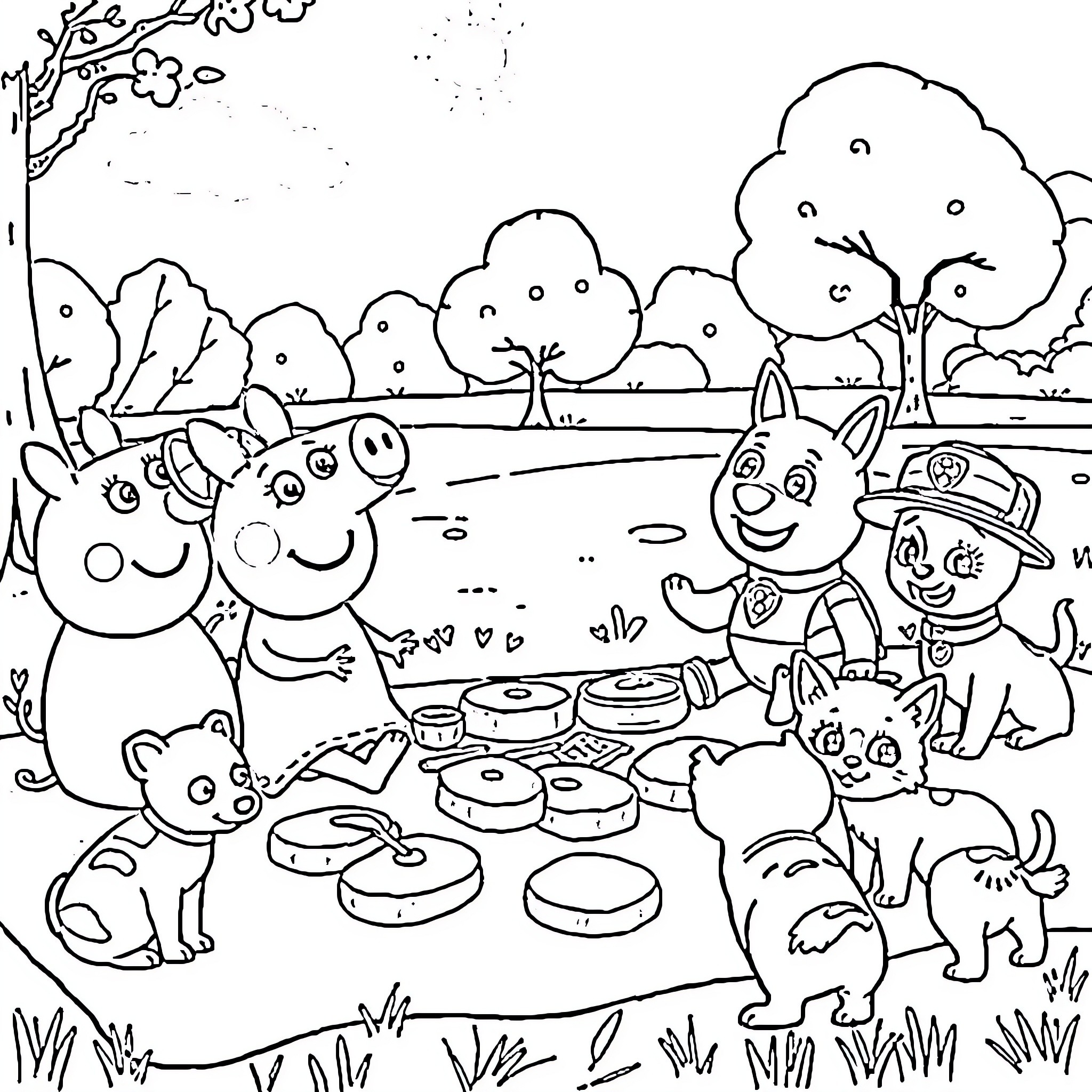 Peppa Pig and friends enjoying a picnic in the park Coloring Page (free black-and-white line drawing printable PDF for all, from beginners to advanced learners, including children, teens, adults, and seniors)