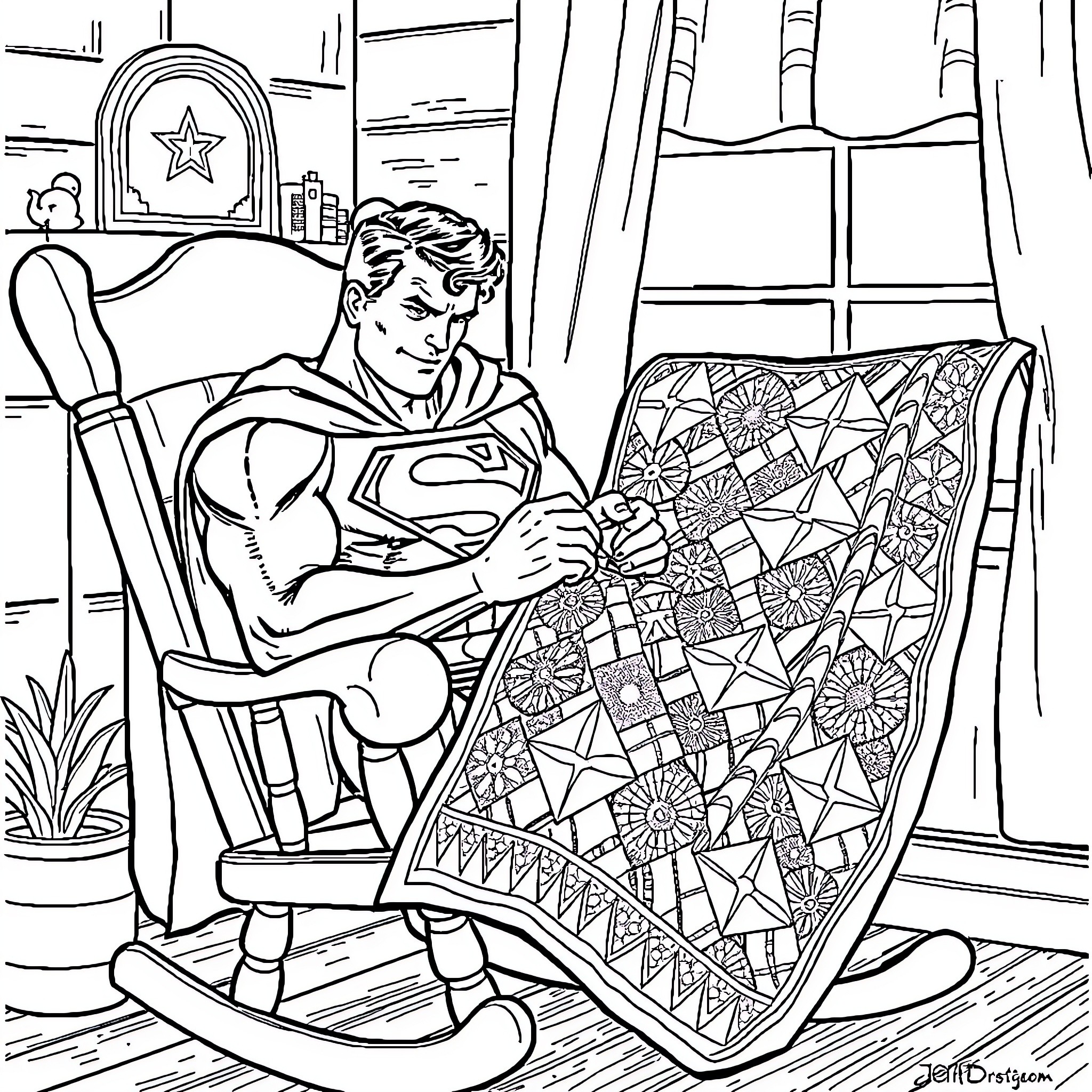 Superman relaxing in his cozy home Coloring Page (free black-and-white line drawing printable PDF for all, from beginners to advanced learners, including children, teens, adults, and seniors)
