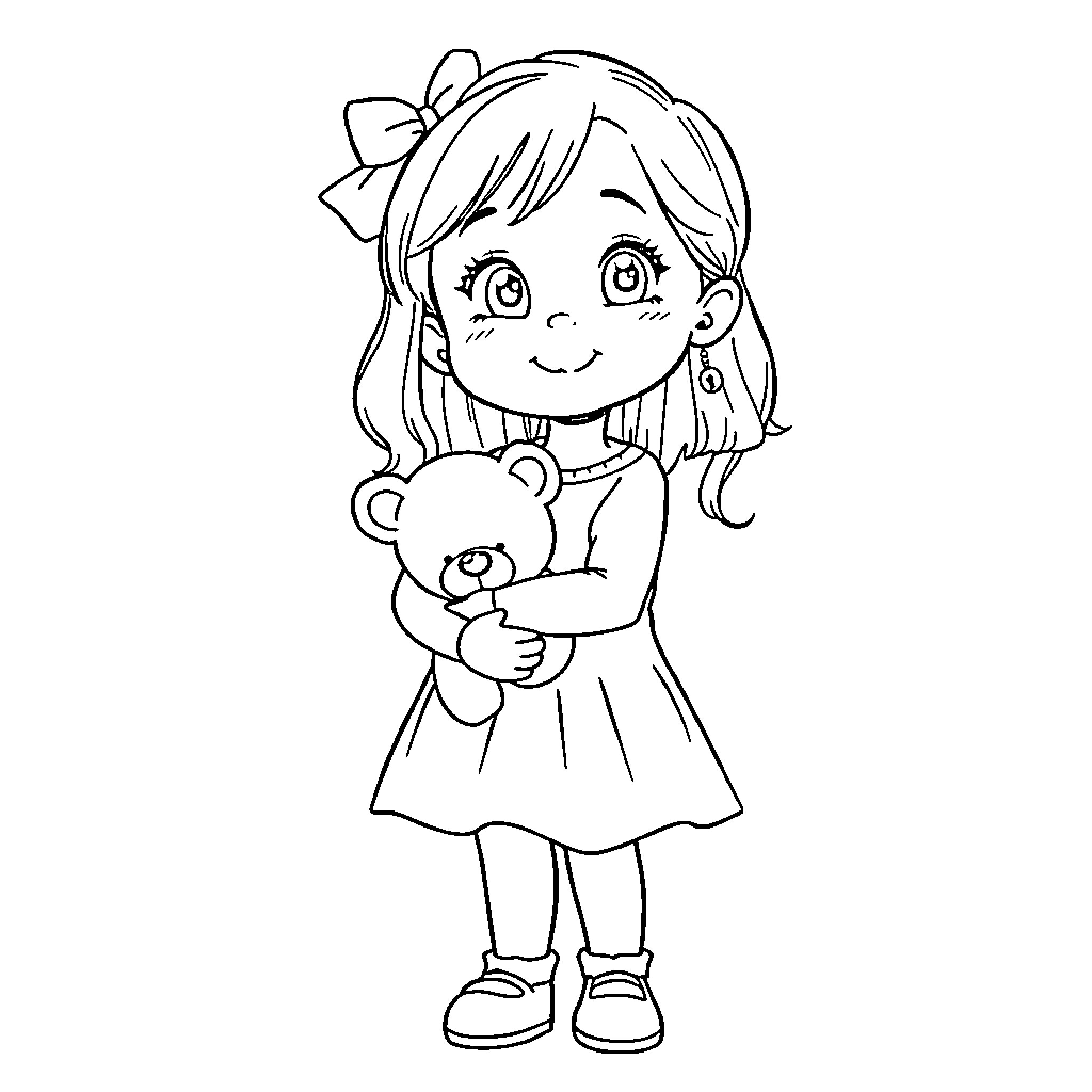 Girl holding a stuffed toy with a cheerful expression Coloring Page (free black-and-white line drawing printable PDF for all, from beginners to advanced learners, including children, teens, adults, and seniors)