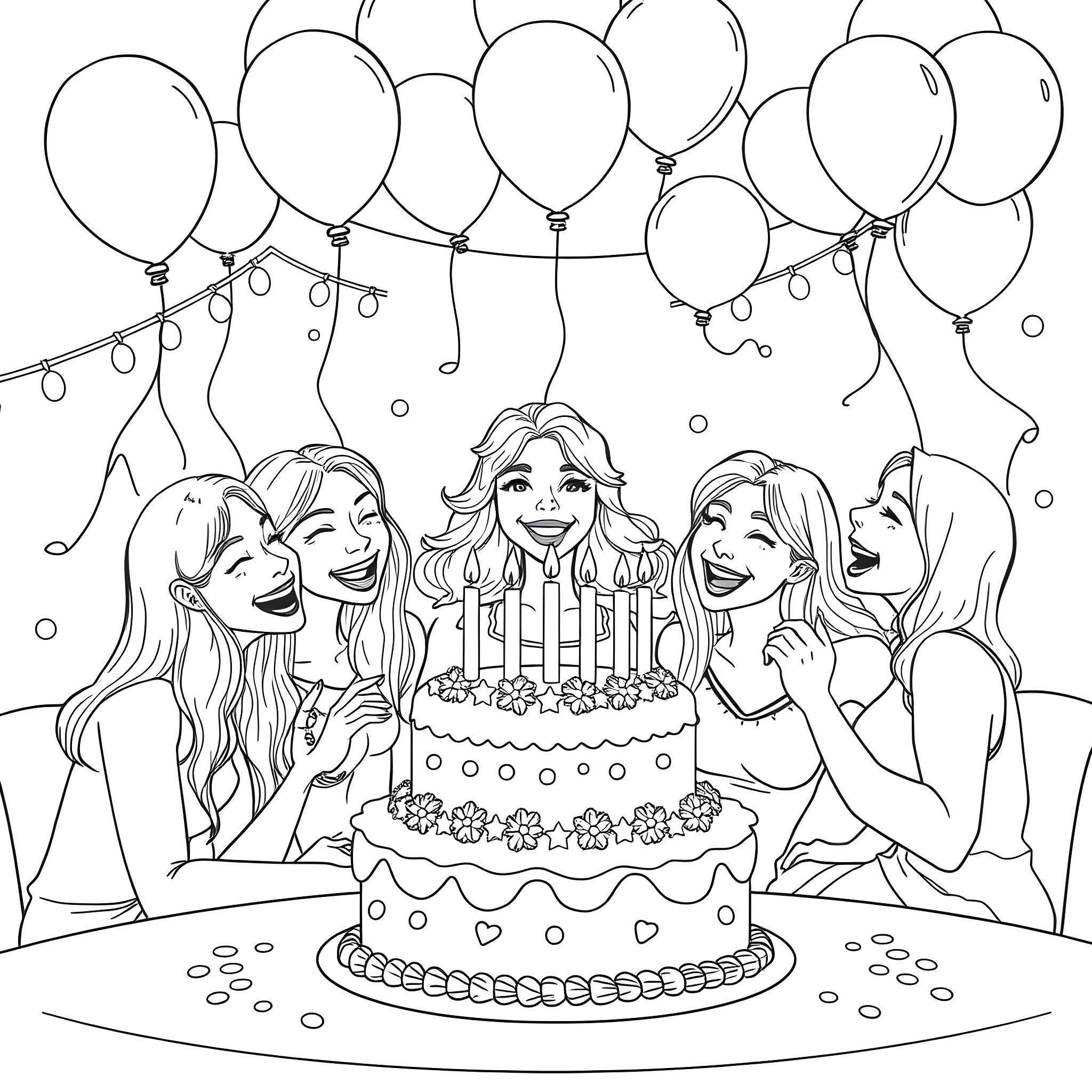 Birthday celebration with friends and cake Coloring Page (free black-and-white line drawing printable PDF for all, from beginners to advanced learners, including children, teens, adults, and seniors)