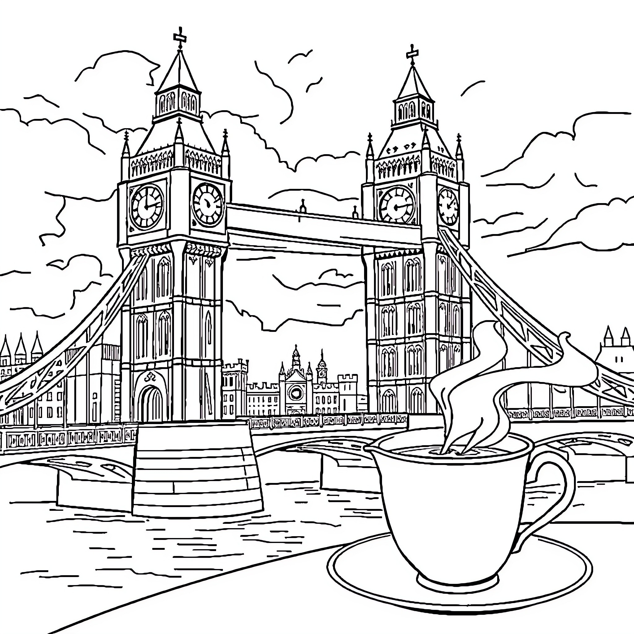 United Kingdom's Iconic Architecture and Cityscape Coloring Page (free black-and-white line drawing printable PDF for all, from beginners to advanced learners, including children, teens, adults, and seniors)