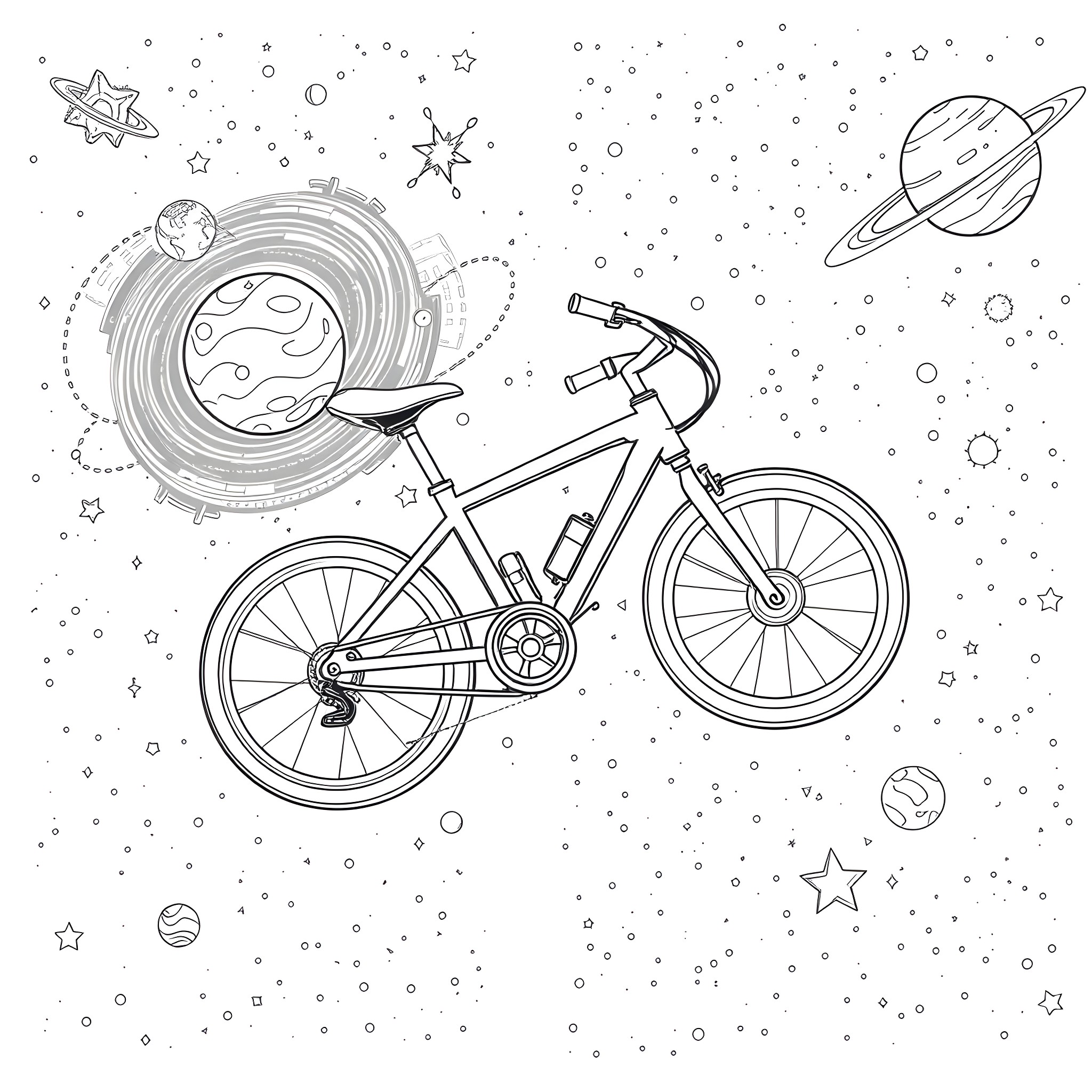Bike riding through cosmic space Coloring Page (free black-and-white line drawing printable PDF for all, from beginners to advanced learners, including children, teens, adults, and seniors)