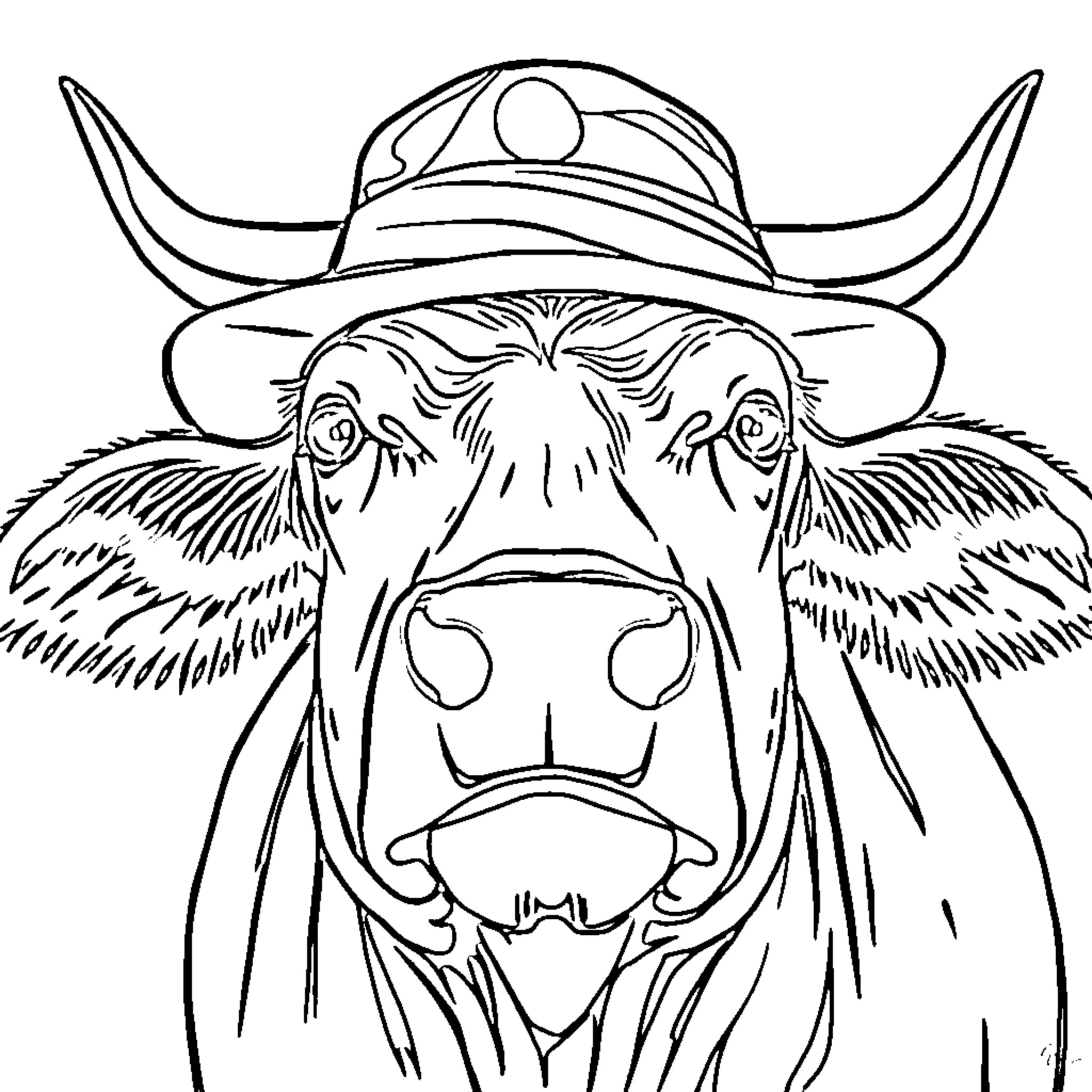 Cow wearing a cowboy hat Coloring Page (free black-and-white line drawing printable PDF for all, from beginners to advanced learners, including children, teens, adults, and seniors)