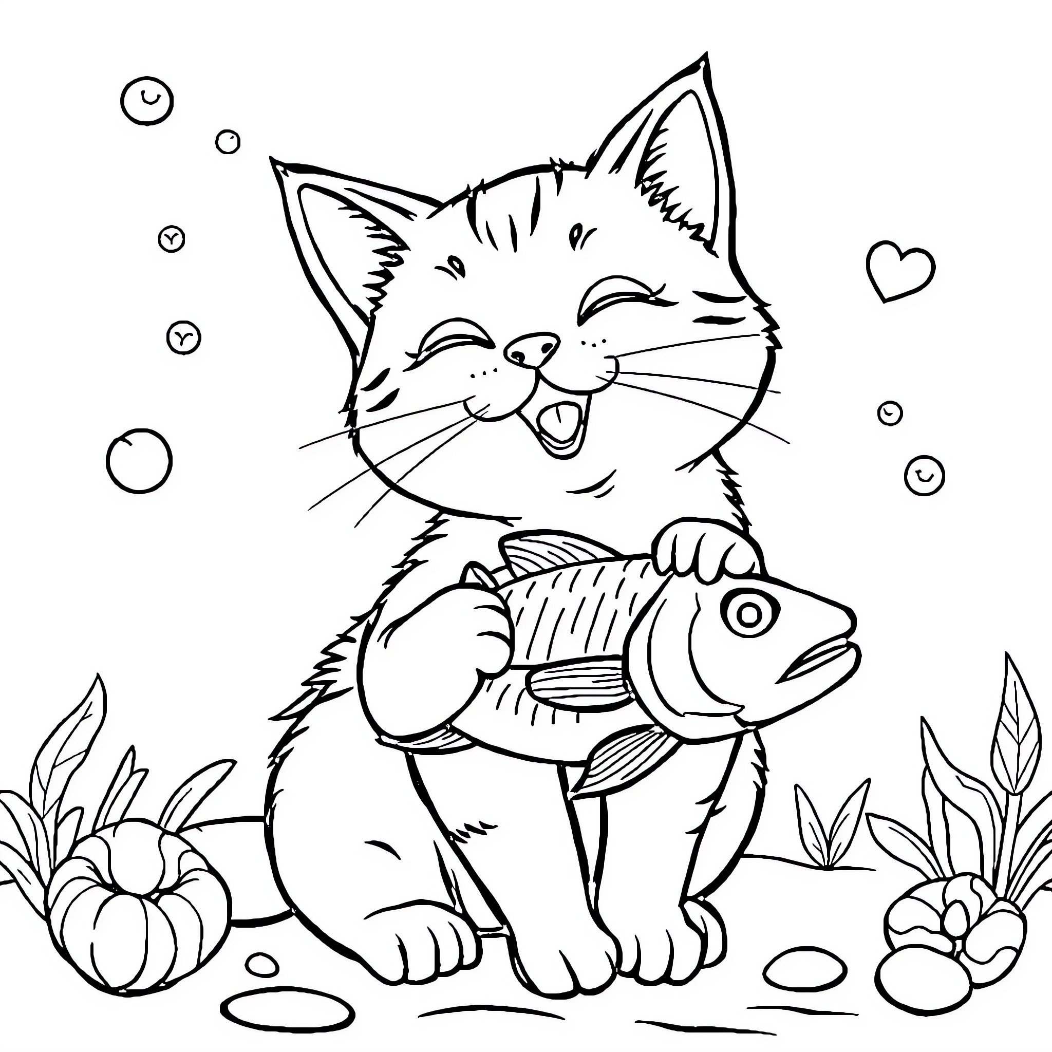 Cat playing with a fish toy happily Coloring Page (free black-and-white line drawing printable PDF for all, from beginners to advanced learners, including children, teens, adults, and seniors)