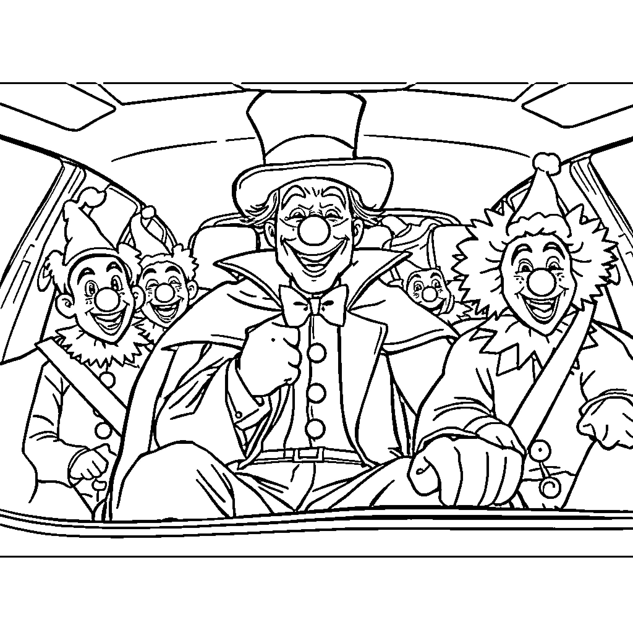 Magician and his trio of cheerful clowns Coloring Page (free black-and-white line drawing printable PDF for all, from beginners to advanced learners, including children, teens, adults, and seniors)